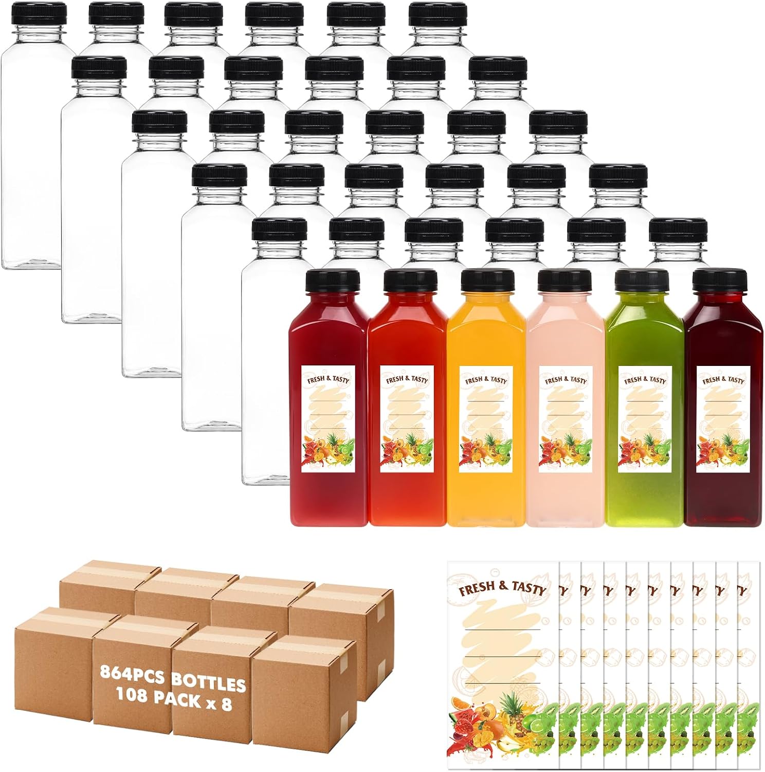 BAKHUK 864pcs 16oz Empty Plastic Juice Bottles with Caps, Plastic Water Bottles with lids, Reusable Clear Bulk Beverage Containers for Juice, Milk and Other Beverages
