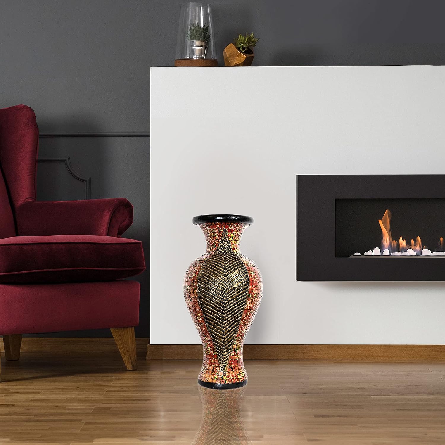 Floor Vase, 24 Inch Mosaic Vase – Tall Cylinder Made of Terracotta with Red, Orange, and Green Glass Mosaic Pieces – Handcrafted Decorative Home Décor Accent Piece for Bedroom, Living Room