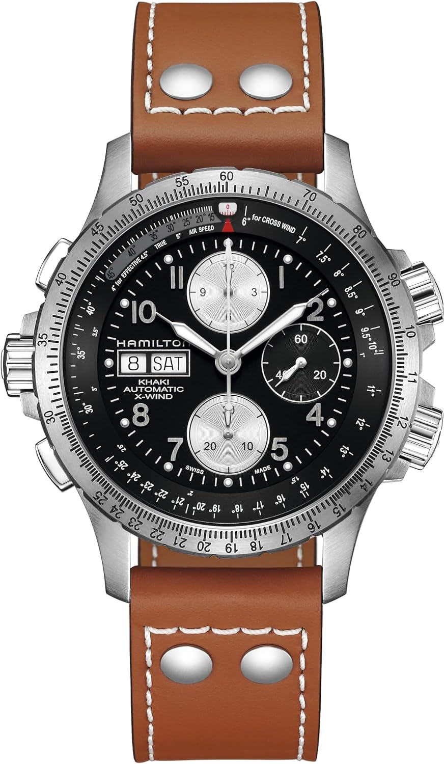 Hamilton Khaki Aviation Automatic Men's Watch, 44mm Stainless Steel Case, Swiss Made, Black Dial Analog Wrist Watch for Men, 100m Waterproof, Sapphire Crystal, Cow Leather Strap