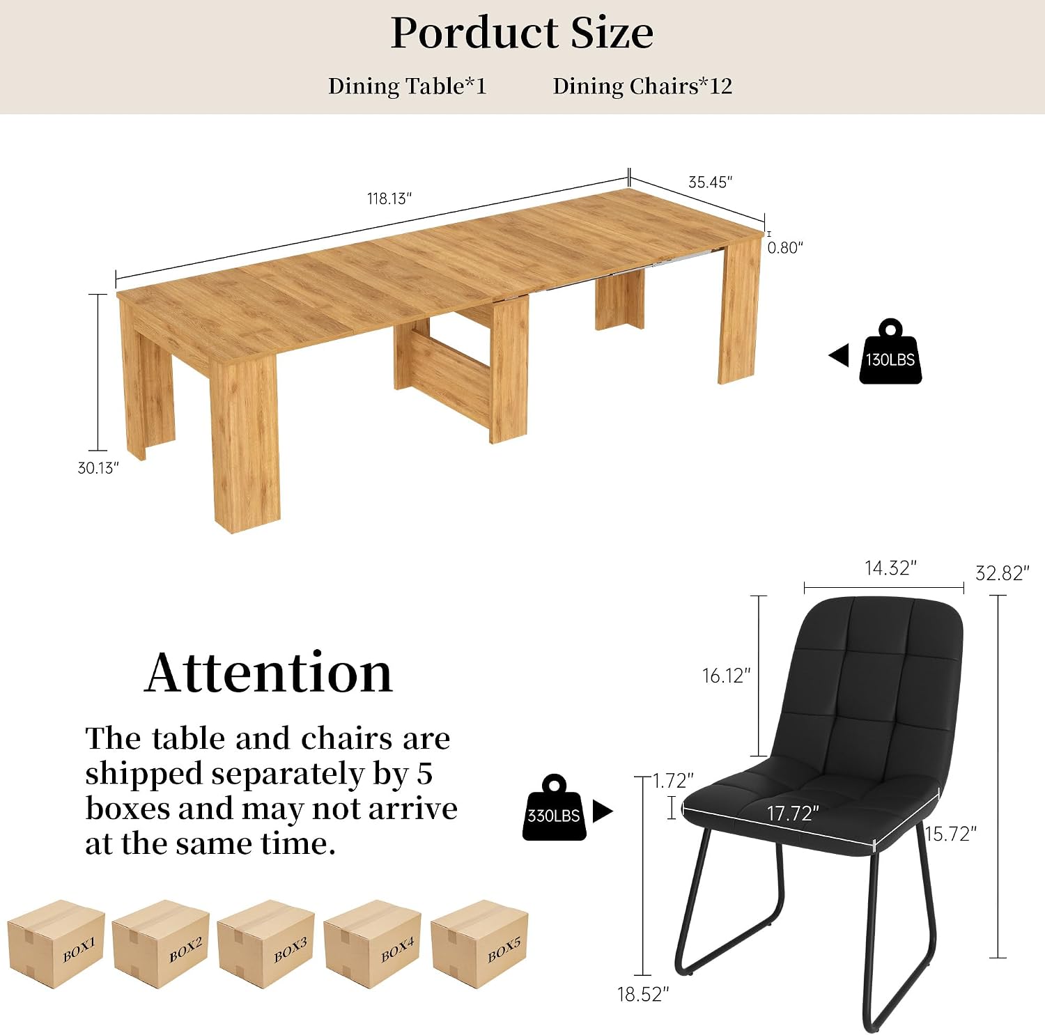 HIPIHOM 17.7'-118' Extendable Dining Table Set for 12, Extension Long Table Set with Extension Leaves Holder, Space-Saving for Meeting, Dining Room(Oak Table+12 U-Shaped Black Chairs)