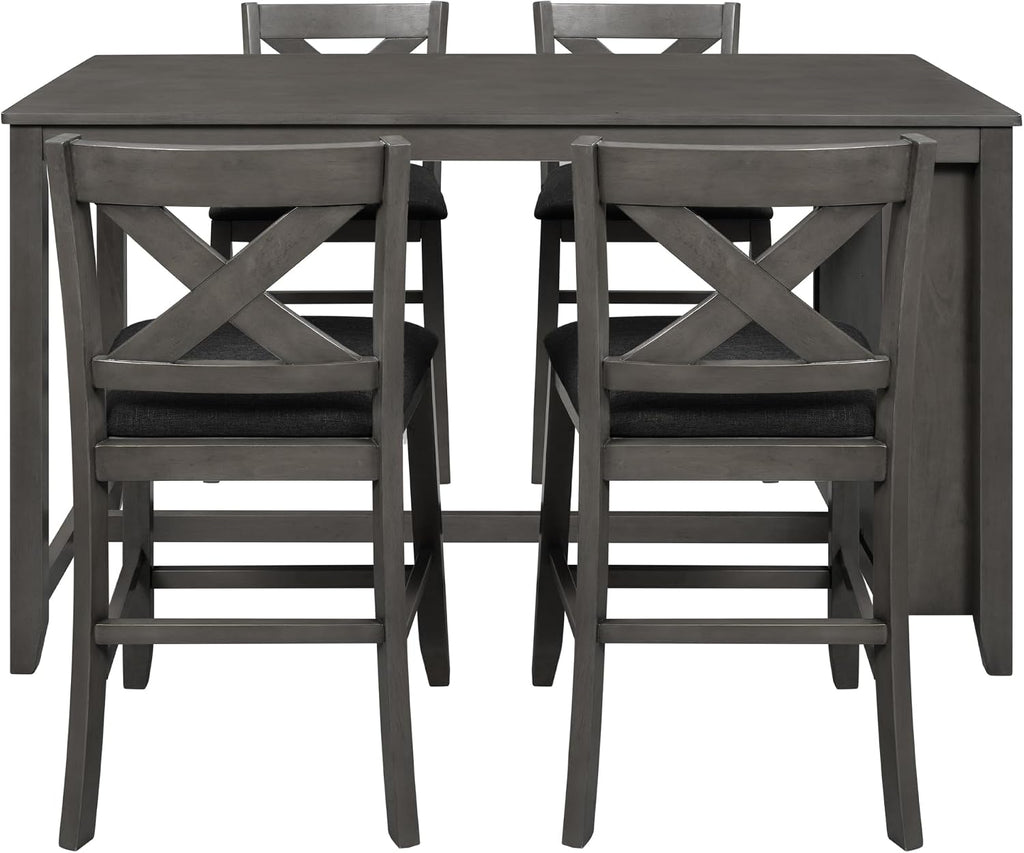 5 Pieces Counter Height Wooden Bar Table Set with 3-Tier Shelf and 4 Chairs, Rustic Farmhouse Dining Table Set for 4, Gray