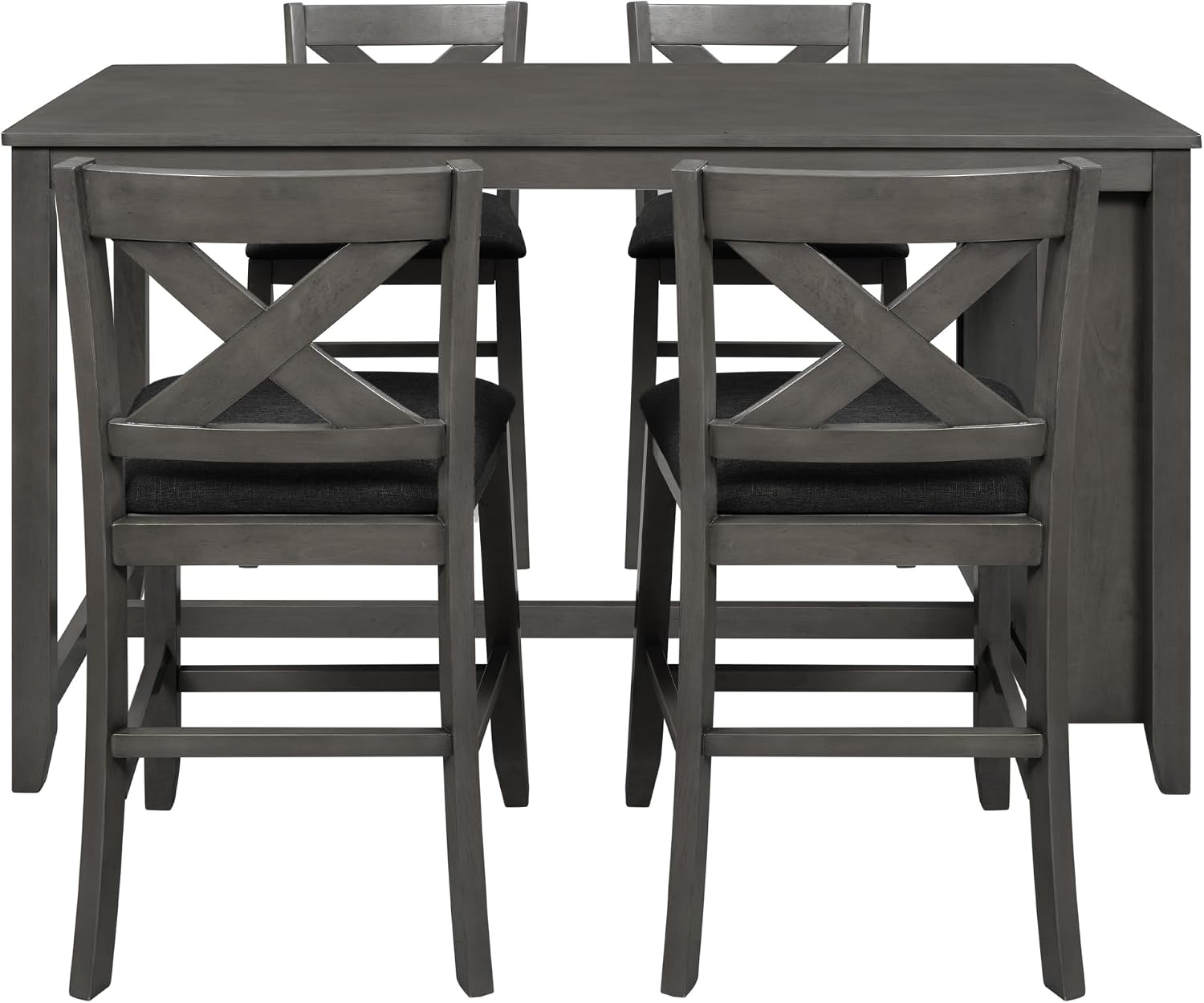 5 Pieces Counter Height Wooden Bar Table Set with 3-Tier Shelf and 4 Chairs, Rustic Farmhouse Dining Table Set for 4, Gray