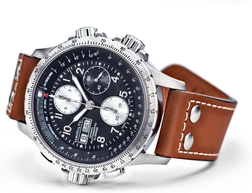 Hamilton Khaki Aviation Automatic Men's Watch, 44mm Stainless Steel Case, Swiss Made, Black Dial Analog Wrist Watch for Men, 100m Waterproof, Sapphire Crystal, Cow Leather Strap