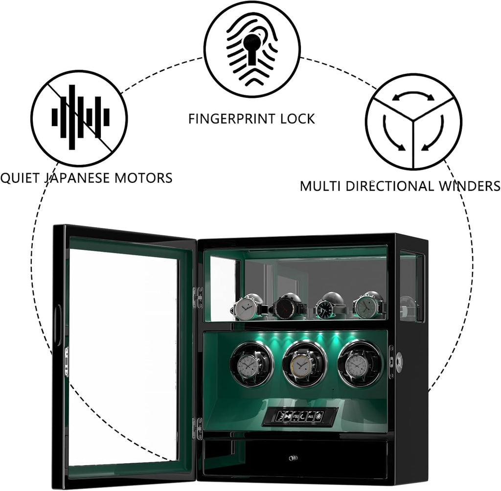 DUKWIN Watch Winder, Fingerprint Lock Automatic Watch Winder for 3/6/9 Watches with 4 Holders,300-2300 TPD,Digital Display, Remote Control,Jewelry Storage and Adjustable Watch Pillow and LED Light