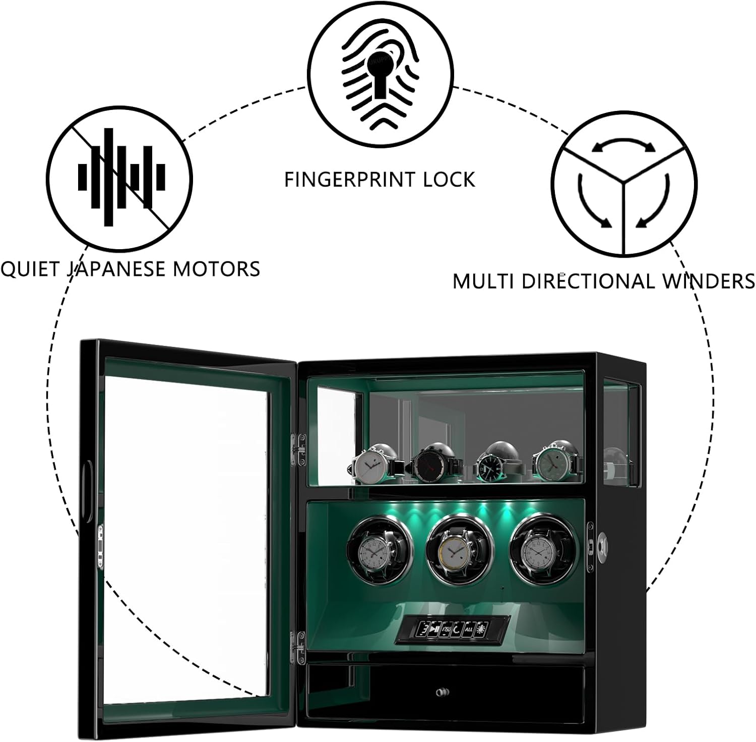 DUKWIN Watch Winder, Fingerprint Lock Automatic Watch Winder for 3/6/9 Watches with 4 Holders,300-2300 TPD,Digital Display, Remote Control,Jewelry Storage and Adjustable Watch Pillow and LED Light