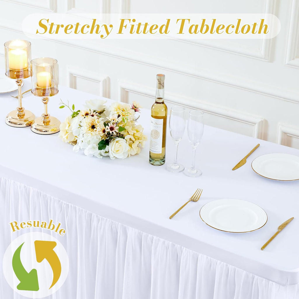 6 Pack White Table Cloth for 6 Foot Rectangle Tables, White Stretch Fitted Tulle Table Covers Skirt, Rectangular Ruffle Tutu Tablecloth Wedding Banquet Baby Shower Cake Tablecloths Decorations