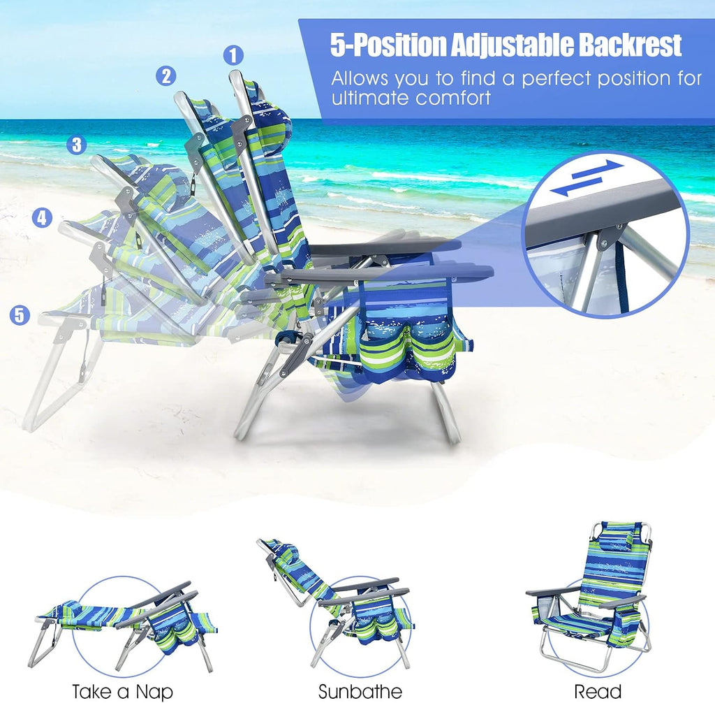 Tangkula Backpack Beach Chair with Table, 5-Position Lay Flat Beach Chairs with Cooler Bag, 2 Cup Holders, Towel Bar, Lightweight Low Folding Beach Chair with Backpack Straps