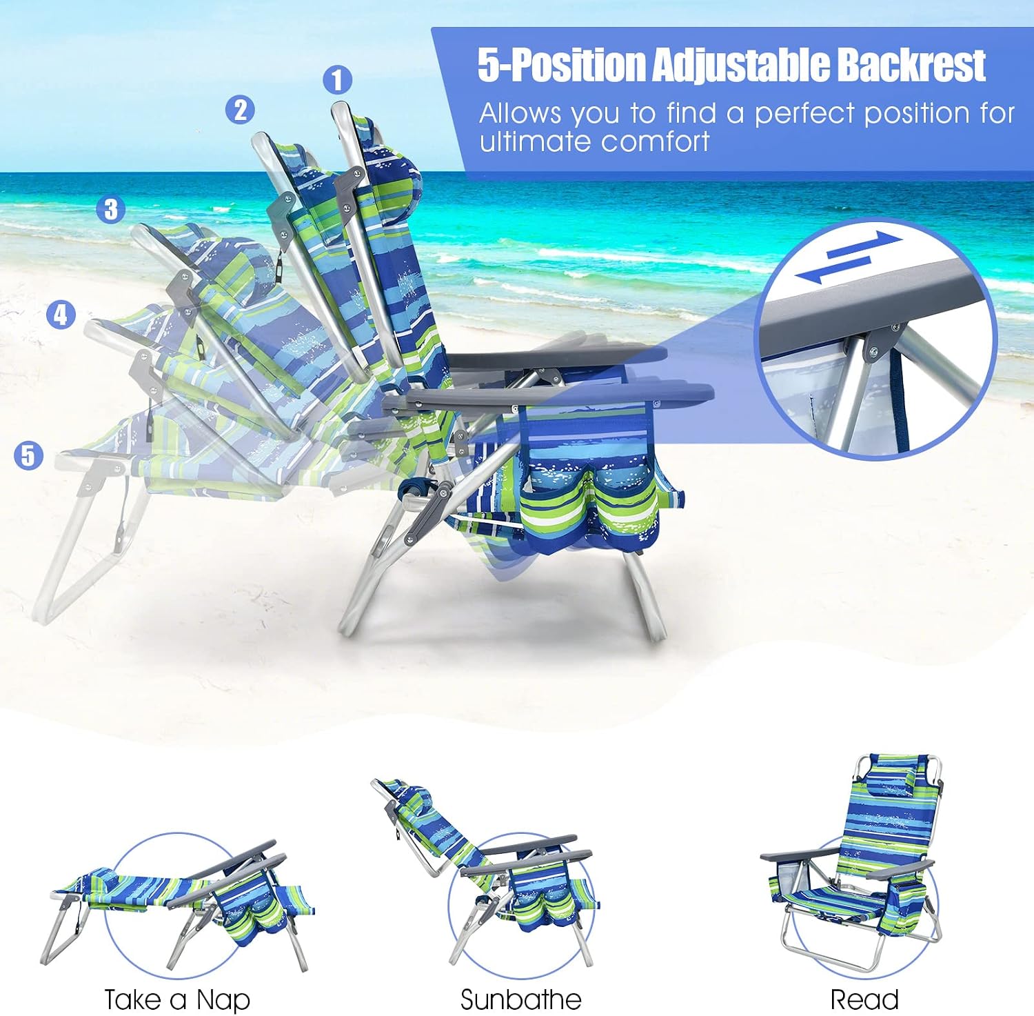 Tangkula Backpack Beach Chair with Table, 5-Position Lay Flat Beach Chairs with Cooler Bag, 2 Cup Holders, Towel Bar, Lightweight Low Folding Beach Chair with Backpack Straps