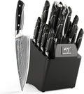 18 Pieces Damascus Kitchen Knife Set, 8 Piece Steak Knives, Non-slip ABS Ergonomic Triple Rivet Handle for Meat Fork, Knife Sharpener and Shears, 17 Slots Wooden Knife Block