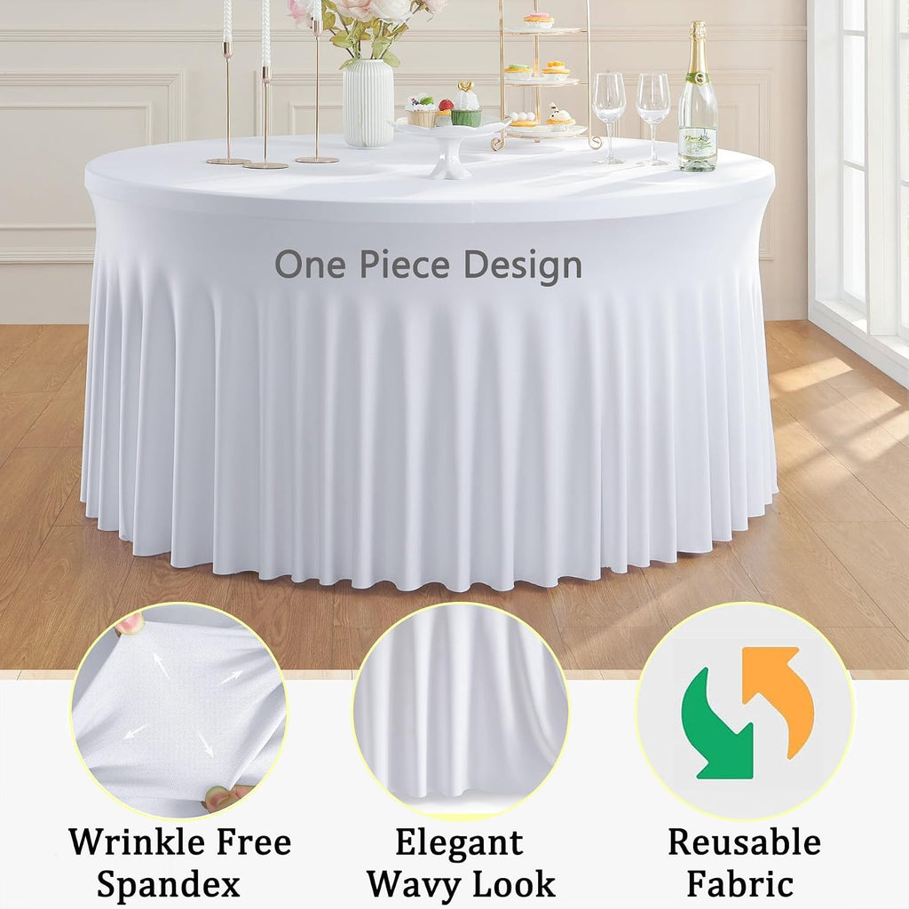 8pk Round Spandex Tablecloths for 72inch Table, Wrinkle Free Stretchy 132 inch Fitted 6ft Round Table Cloths Covers with Skirt for Wedding Birthday Parties Banquet Bridal Shower Events