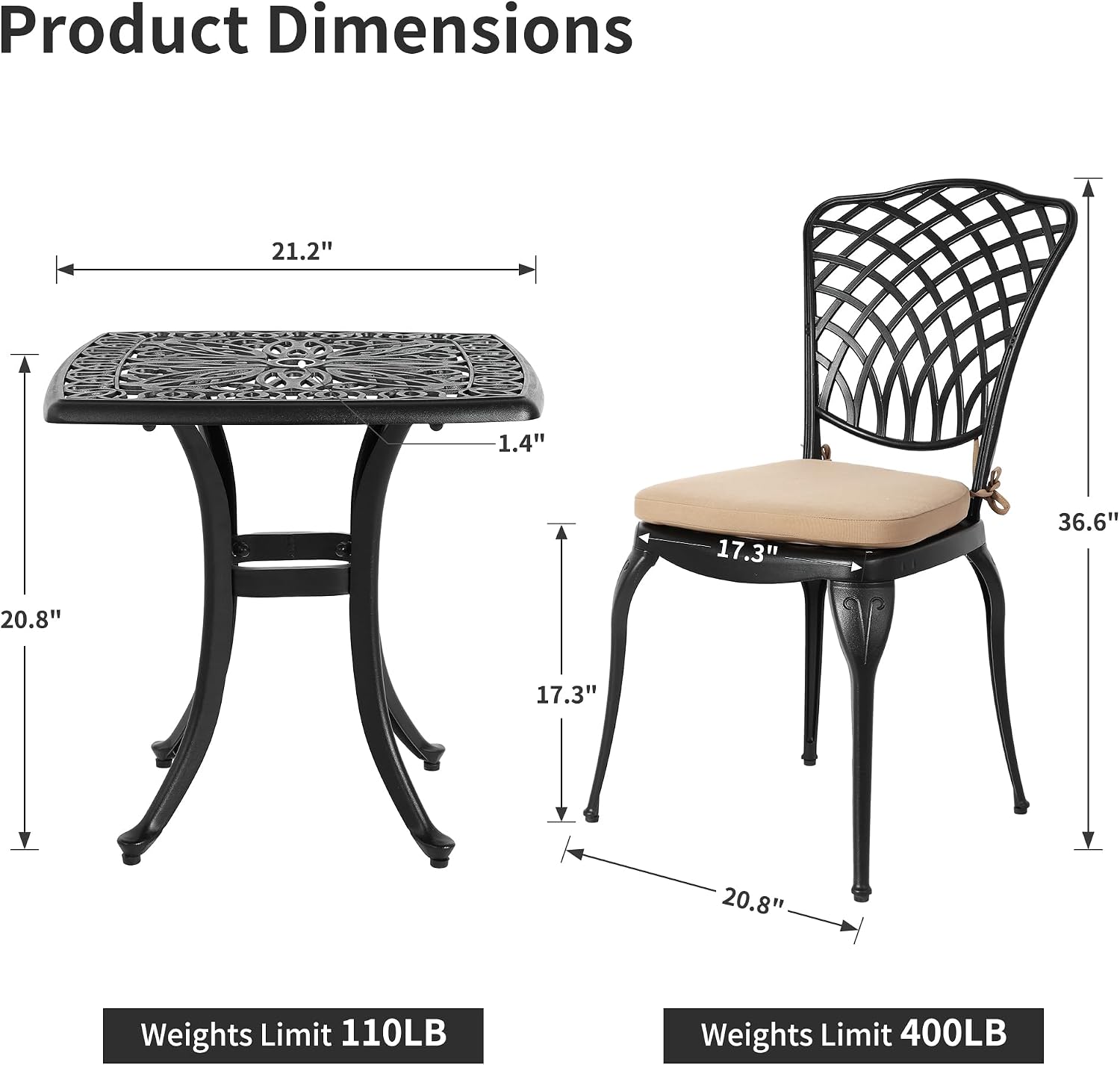 HOMEFUN Thickened Heavy-Duty Cast Aluminum Bistro Set of 2 Outdoor 3 Piece Patio Set with Padded Cushion, Ultra Sturdy Rustproof All-Weather for Garden Balcony, Black
