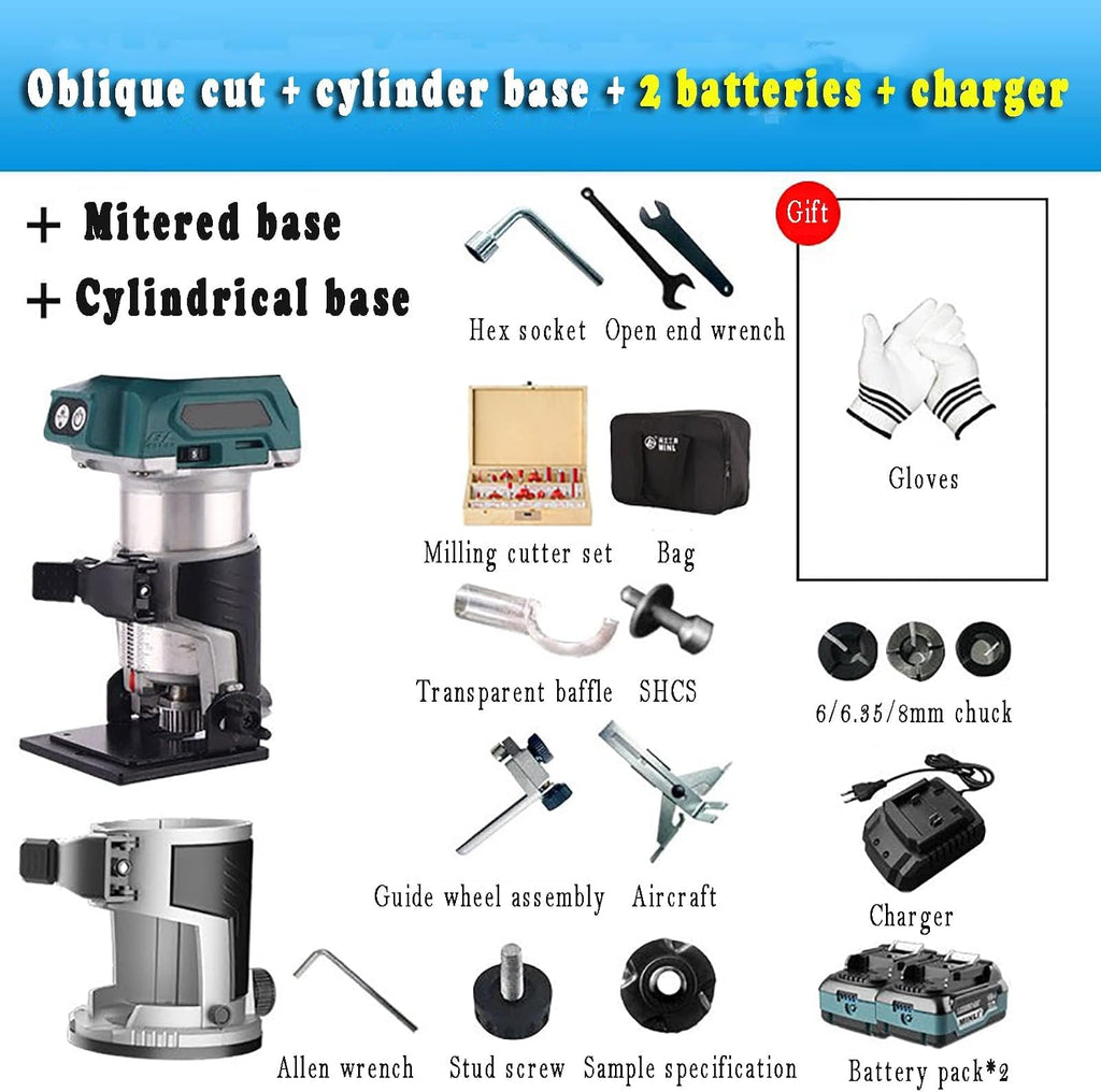 Brushless Lithium Battery Edge Trimmer, Portable Woodworking Router Slotting, with Cylindrical and Inclined Base, 5 Levels Adjustable, for Wood Working Slotting, Trimming, Carving