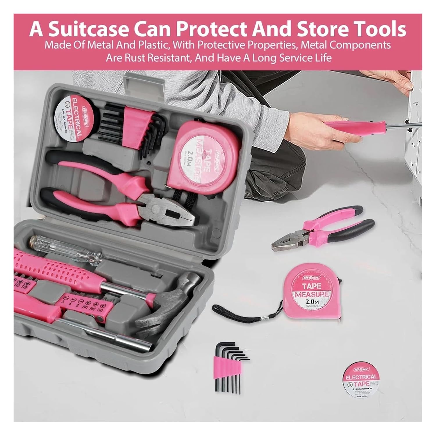 13/24Pcs Household Repair Tool Kit Multi-Purpose Pink Hand Tool Set with Storage Case Durable Hammer and Allen Key Set(13pcs)