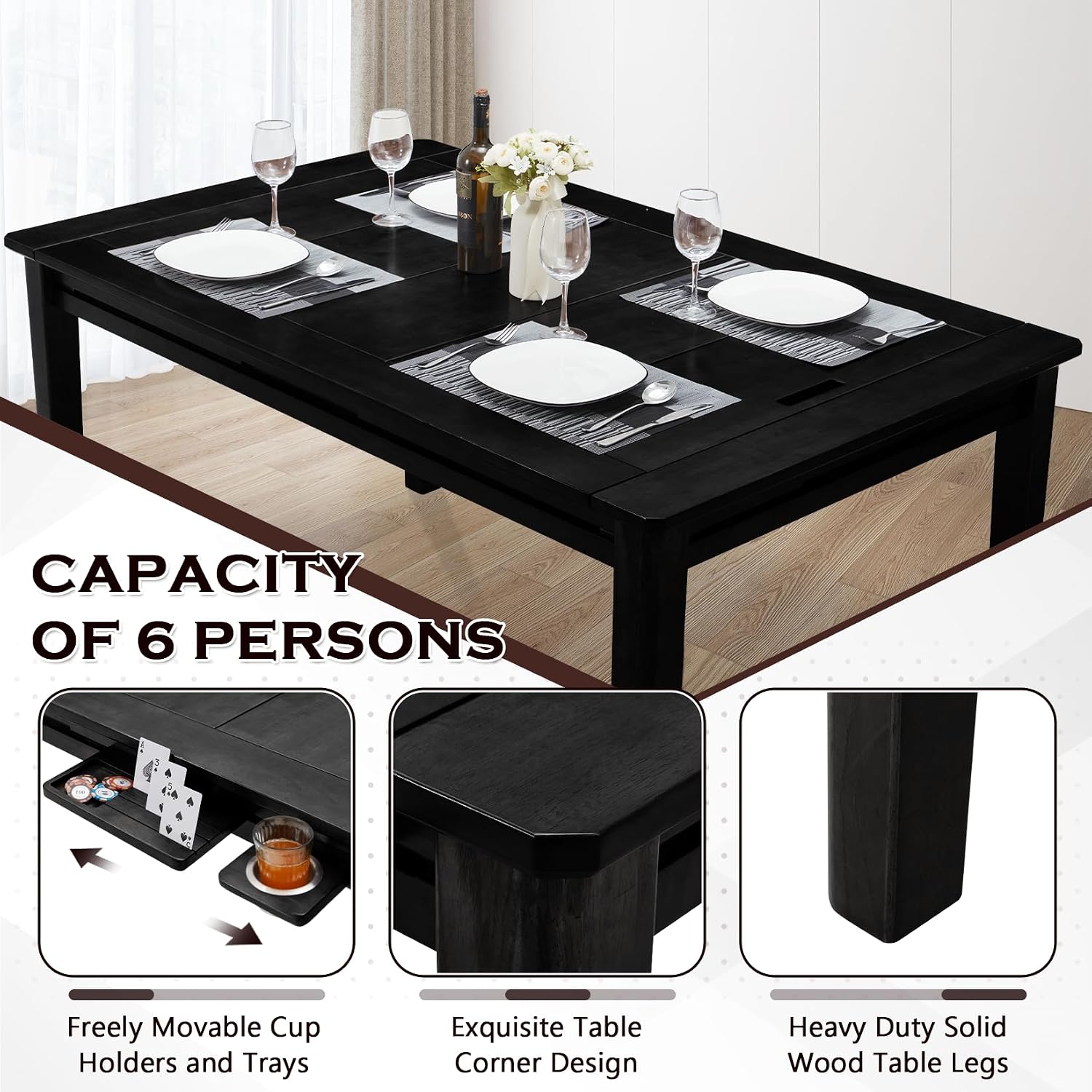 Haddockway 63' ×39' Board Game Table with Removable Top, Solid Wood Dining/Gaming Table for 4-6 Players with Play Mat, 6 Detachable Cup Holders & 6 Hobby Trays (Black)
