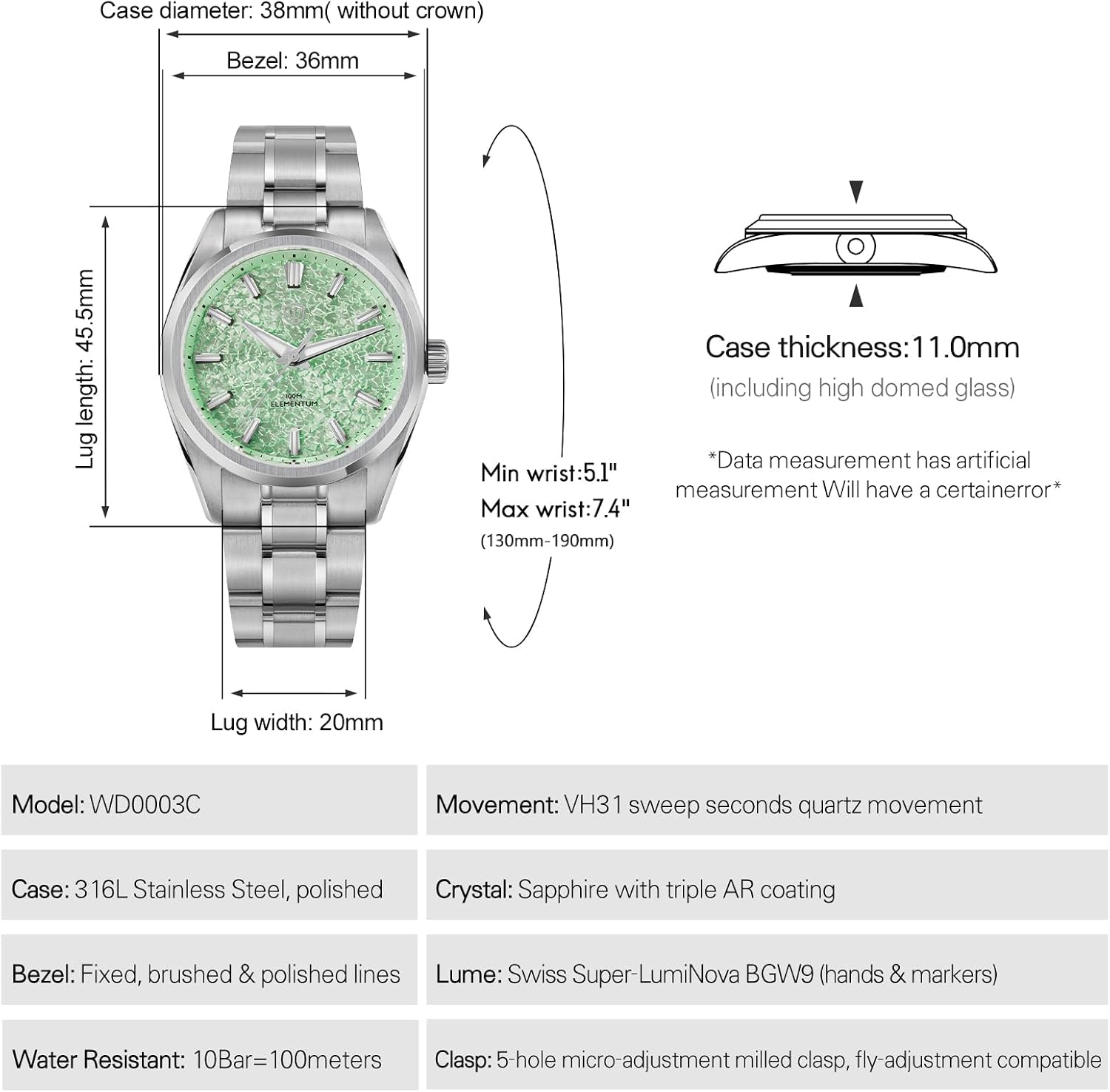 watchdives WD0003C Elementum Original Design Men Watch VH31 Sweep Second Quartz Watch 36mm Sapphire Crystal Luxury Wristwatch 100m Waterproof
