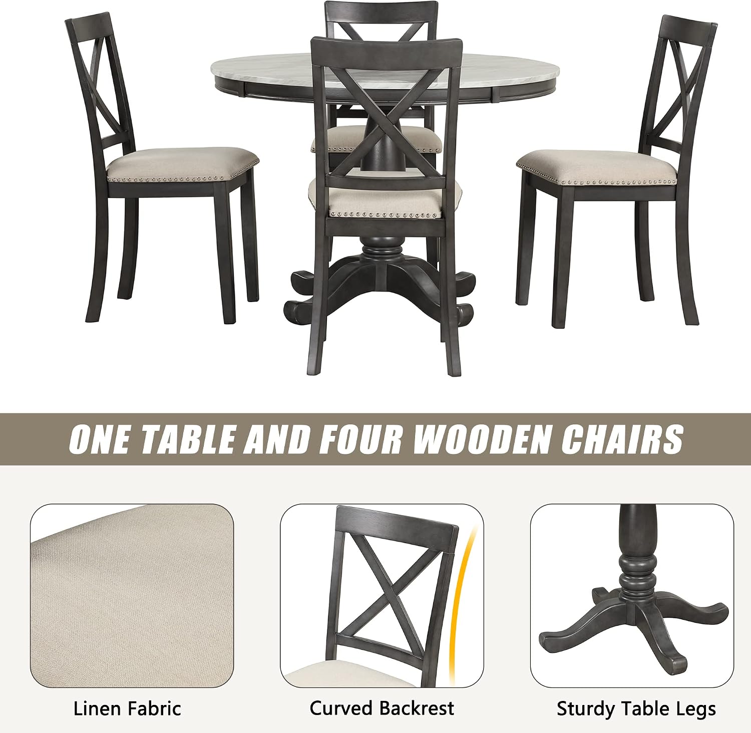 Harper & Bright Designs 5-Piece [Round] [Dining] [Table] and Chair Set, with Cushion Chairs for Family [Dining] Area, Wood