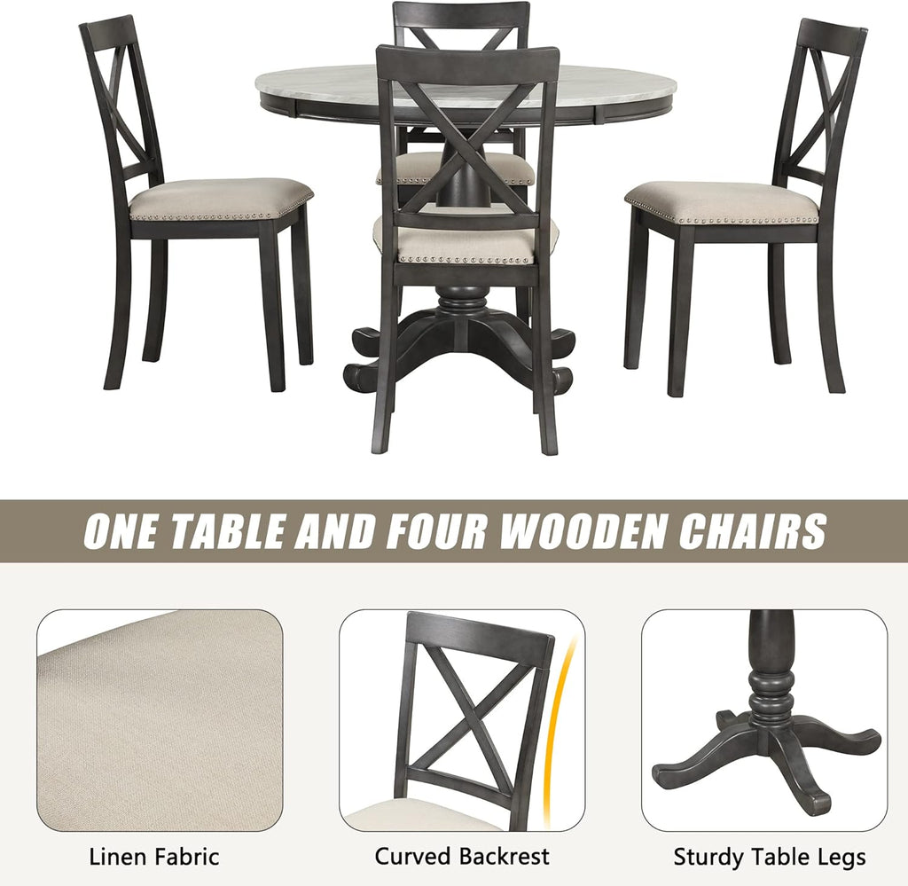 LUMISOL 5-Piece Dining Table Set, Faux Marble Round Dining Table Set with Chairs for 4, Wood Kitchen Dining Room Table Set for Small Space, Sturdy Support, Muddy Gray