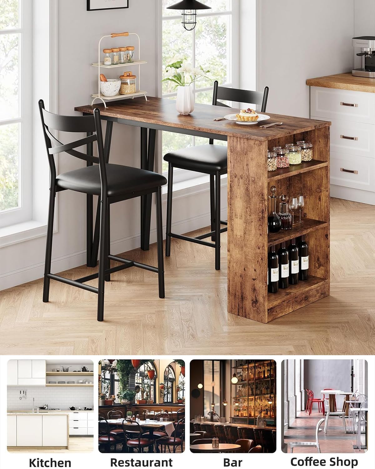 Garvee Bar Table and Chairs Set, 3 Piece Bar Table Set with with Flip Top Extension and Storage Shelves, Dining Table Set for 2, Suitable for Small Space Kitchen Apartment, Brown