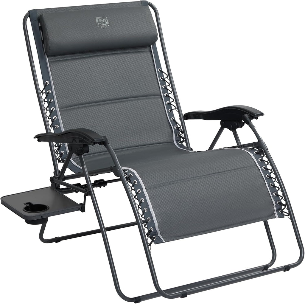 Timber Ridge Oversized Zero Gravity Chair, 33In Wide XXL Zero Gravity Reclining Chair with Side Table, Full Padded Lounge Chair for Outdoor Camping Patio Lawn, Heavy Duty Supports 500lbs, Grey-1 Pack
