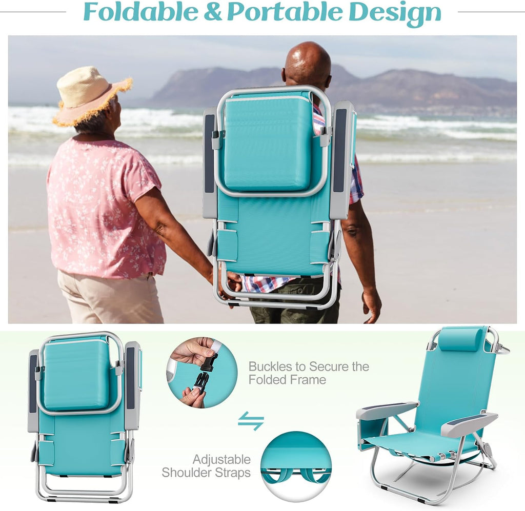 Tangkula Set of 2 Backpack Beach Chair, 5-Position Lightweight Folding Lay Flat Beach Chairs with Storage Bag, 2 Cup Holders, Towel Bar, Backpack Straps