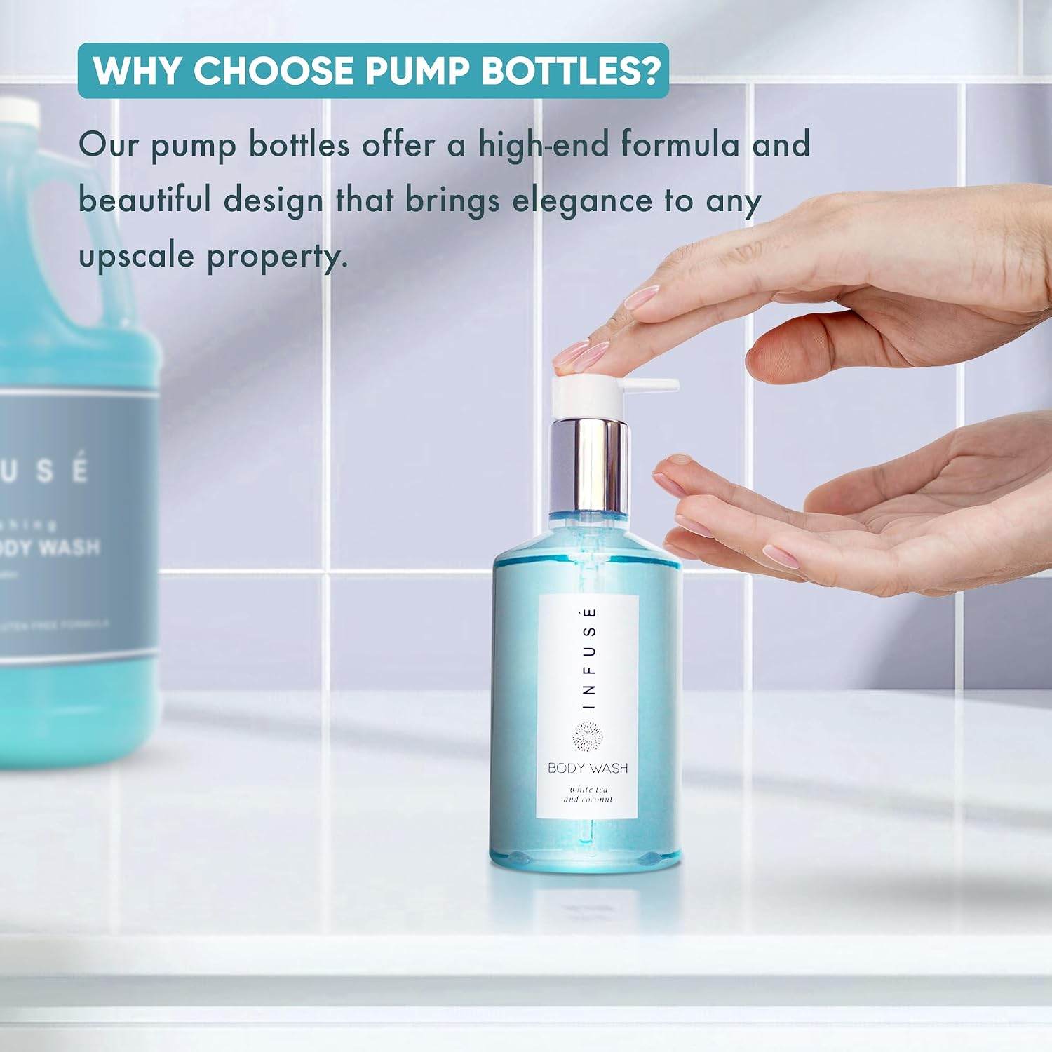 Terra Pure H2O Tropical Infuse Gallon & Dispenser Set | Shampoo, Conditioner, Body Wash Gallons | Refillable 10.14oz Pump Bottles