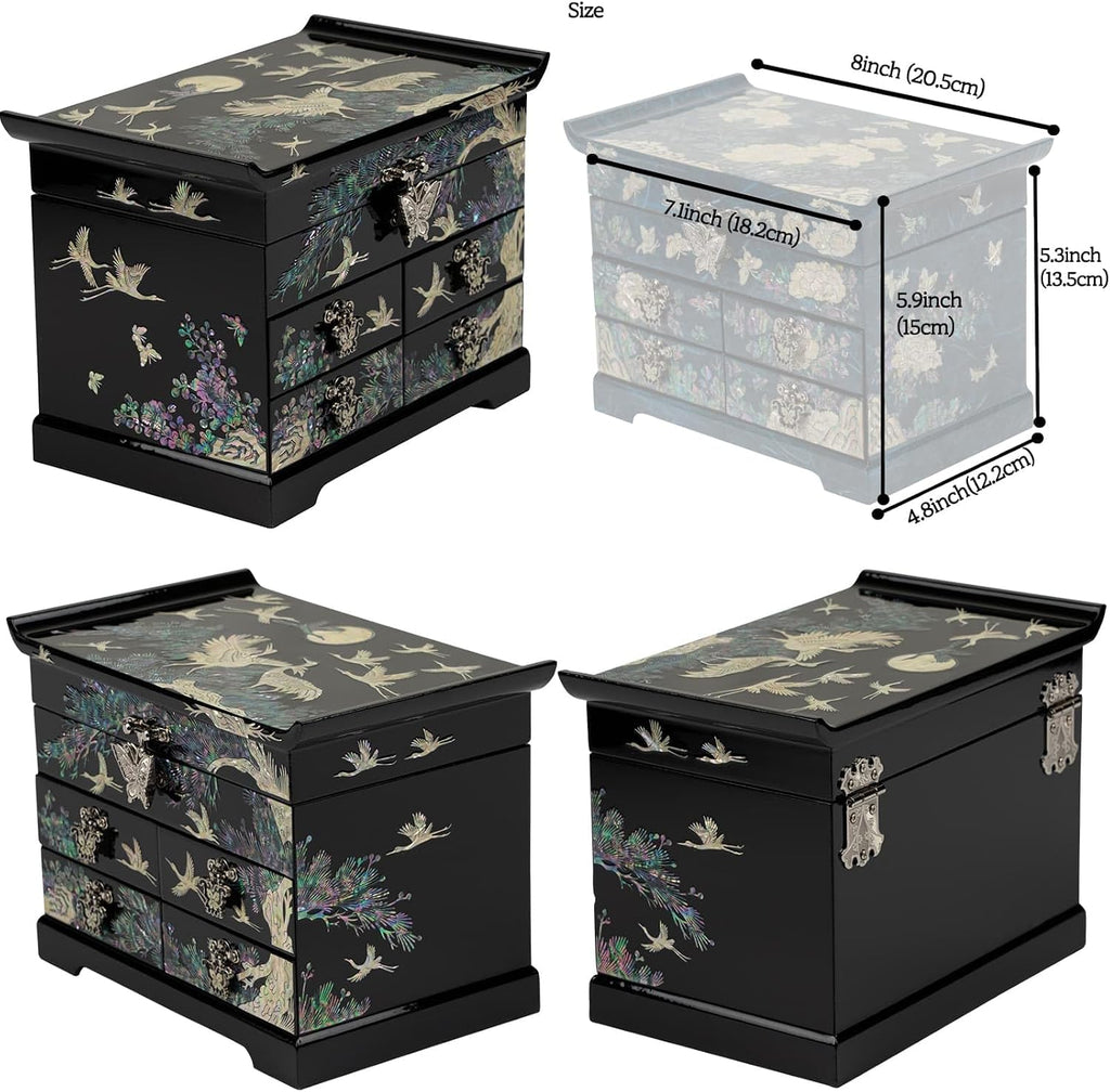 February Mountain Mother of Pearl Wooden Jewelry Organizer Box – Jewelry Storage Box for Women, Features Spacious Drawers, Ideal for Rings, Bracelets, Watches, Chains, Accessories (Crane_Black)