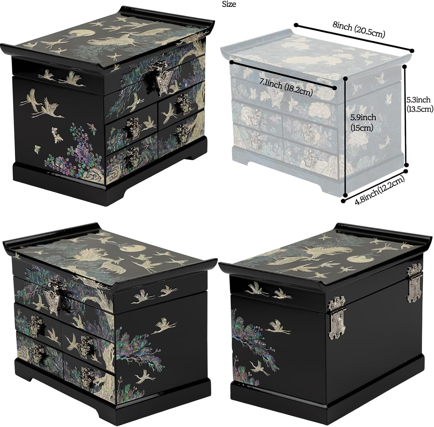 February Mountain Mother of Pearl Wooden Jewelry Organizer Box – Jewelry Storage Box for Women, Features Spacious Drawers, Ideal for Rings, Bracelets, Watches, Chains, Accessories (Crane_Black)