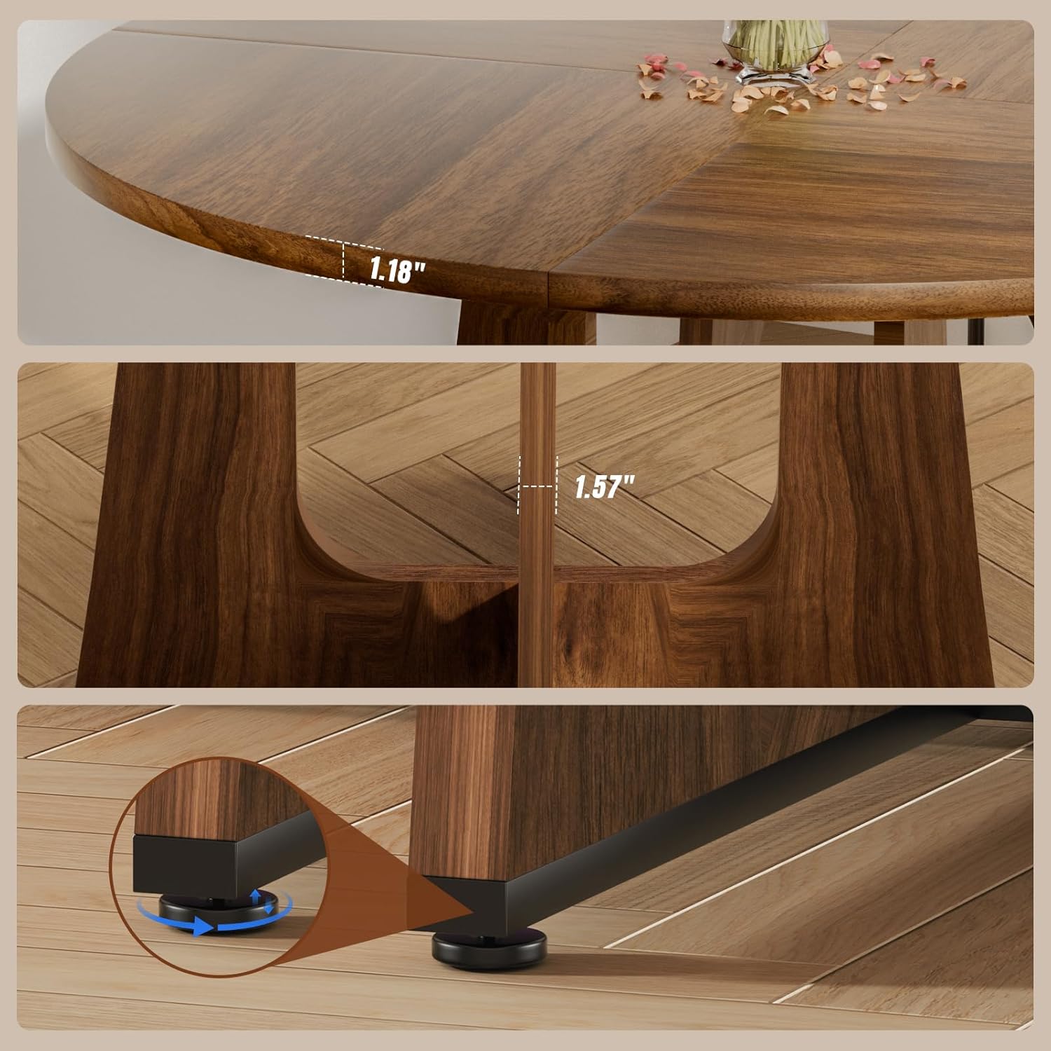 47' Round Dining Table for 4-6, Farmhouse Wood Kitchen Table, Mid-Century Wooden Circle Dinner Room Table Easy Assembly for Dining Room, Kitchen, Living Room (Brown)