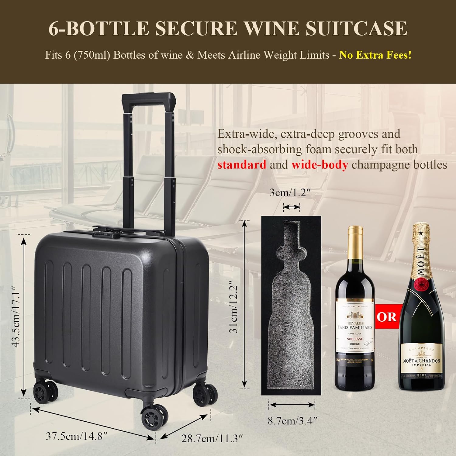 wine luggage 6-Bottle Airline Approved Wine Suitcase, TSA-Friendly Carry-On Luggage with Shockproof Foam | Compact, Lightweight Hard Shell Travel Case for Secure Airplane Transport (6 bottles)