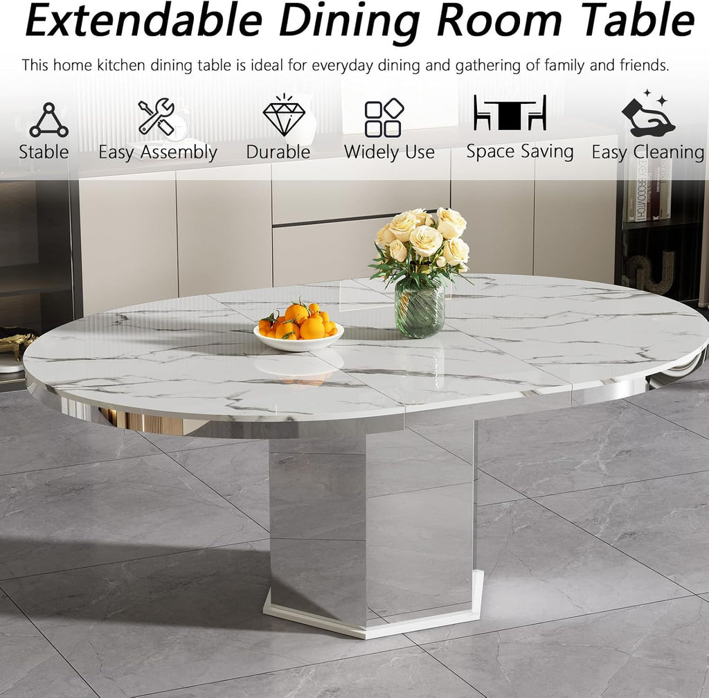 47'-63' Round White Faux Marble Extendable Dining Table for 4-6, Modern Luxury Round Dining Room Table, Kitchen Dinner Tables with Marble Veining Tabletop and Mirror Acrylic Base for Kitchen