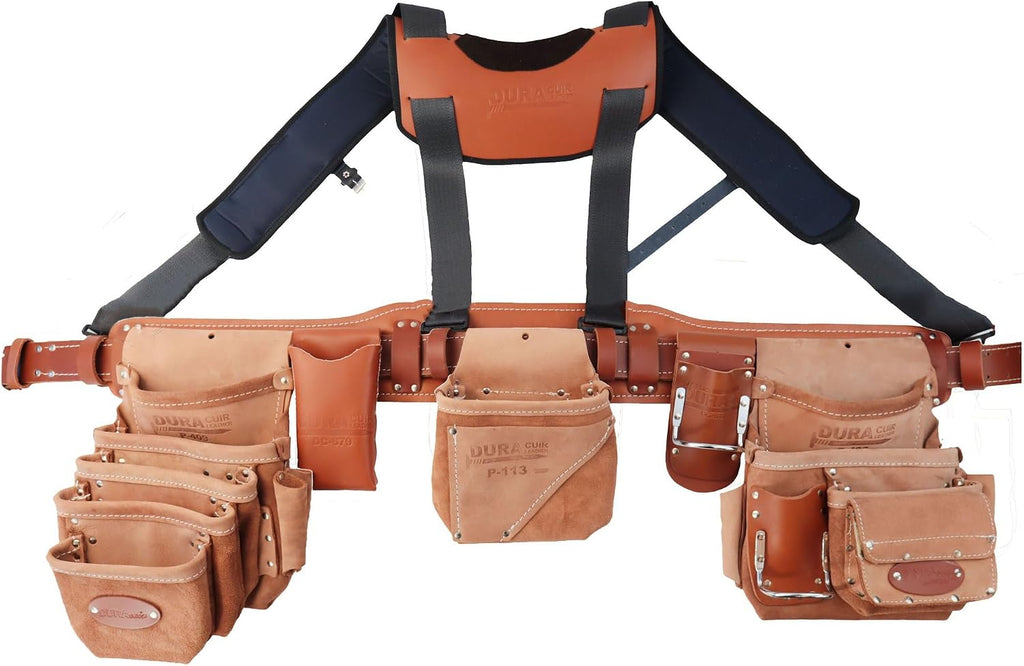 Professional Leather Tool Belt, Construction Carpenter Pouch Set with Suspenders, Multiple Pockets, Tan