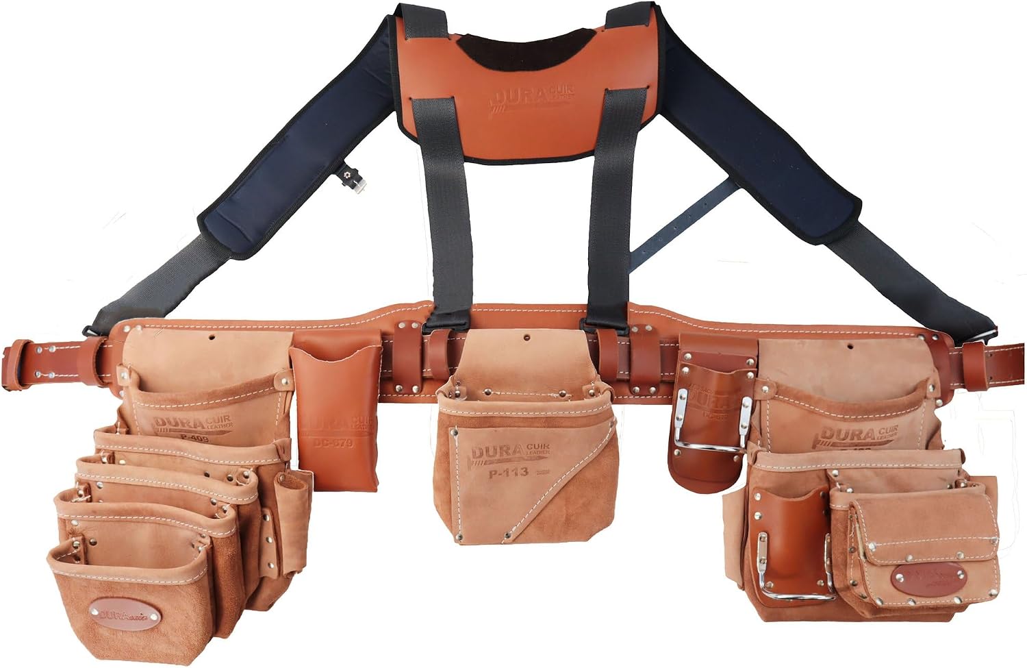 Professional Leather Tool Belt, Construction Carpenter Pouch Set with Suspenders, Multiple Pockets, Tan