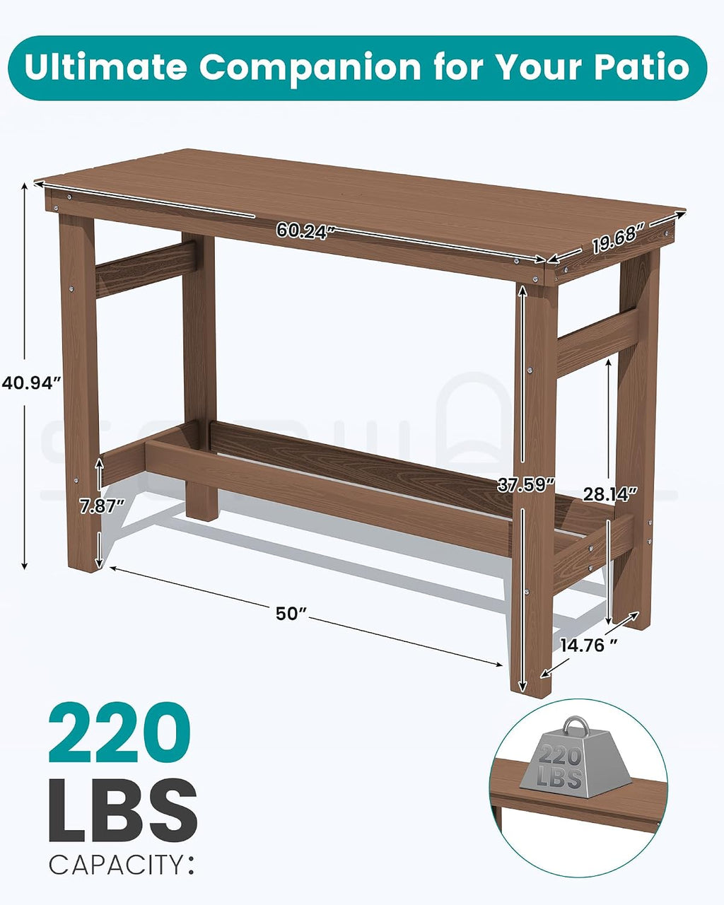 SERWALL 41' Outdoor Bar Table, All Weather HDPE Patio Bar Counter Height Table, Rectangle Patio Bar Table for Outside, Garden, Backyard, Balcony, Poolside, Brown