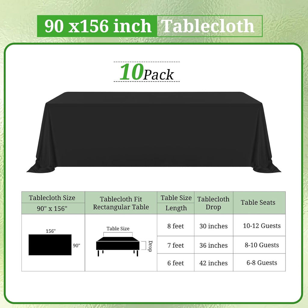 10 Pack Polyester Tablecloths, Black 90 x 156 Inch Polyester Table Cloth for 8 Foot Rectangle Tables, Stain and Wrinkle Resistant Washable Fabric Table Cover for Wedding Banquet Restaurant Party