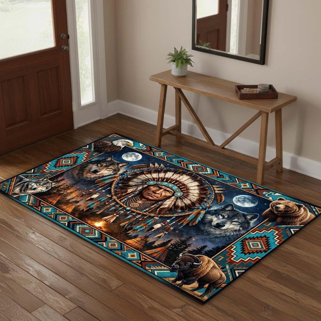 Southwestern Tribal Area Rug 5'x8' Native American Wolf Eagle Bear Buffalo Western Wildlife Carpet, Rustic Lodge Cabin Decor, Non Slip Washable Low Pile Rug for Living Room Bedroom