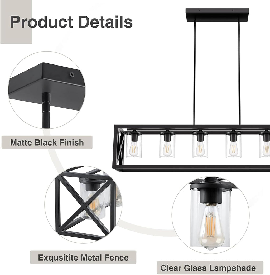 Farmhouse Dining Room Light Fixture - 6 Light Kitchen Island Lighting with Adjustable Height & Thickened Metal Dining Room Light Fixture Over Table，Chandeliers for Dining Room&Kitchen Island