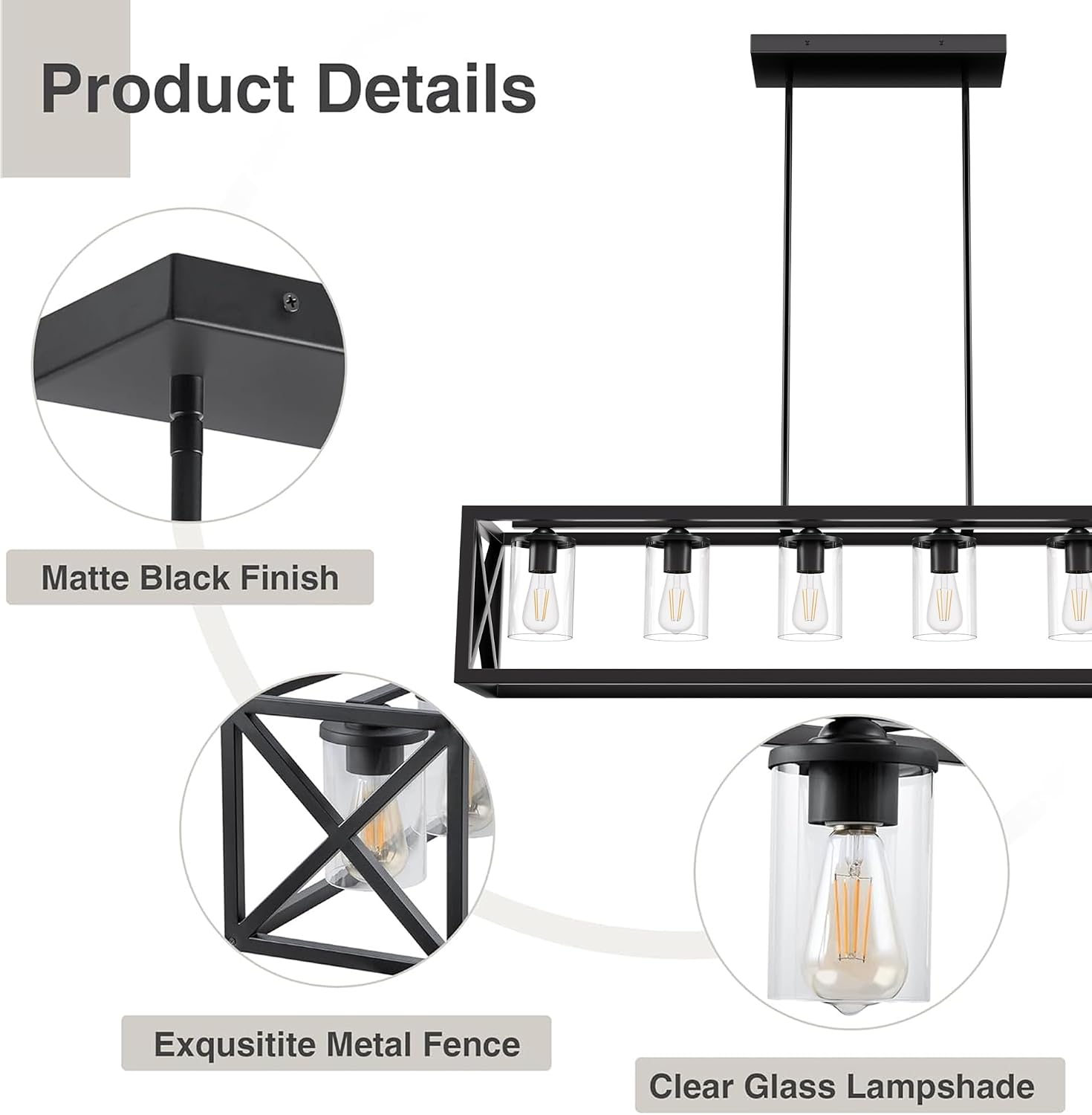Farmhouse Dining Room Light Fixture - 6 Light Kitchen Island Lighting with Adjustable Height & Thickened Metal Dining Room Light Fixture Over Table，Chandeliers for Dining Room&Kitchen Island