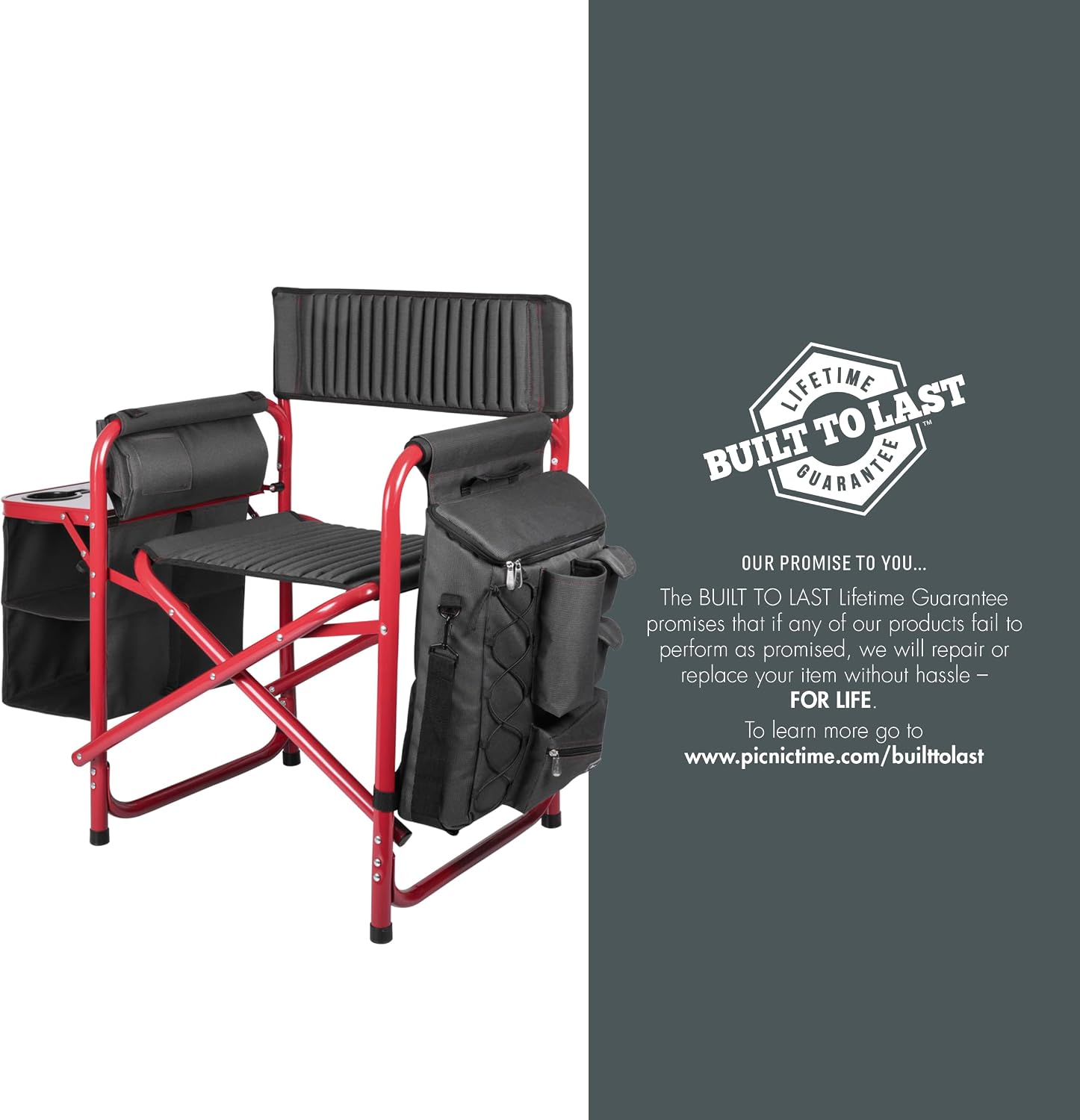 PICNIC TIME Fusion Camping Chair with Side Table and Soft Cooler, Outdoor Foldable Padded Camping Chairs with Cup Holder for Lawn, Beach, & Sports Use for Adults, (Dark Gray Red Accents)