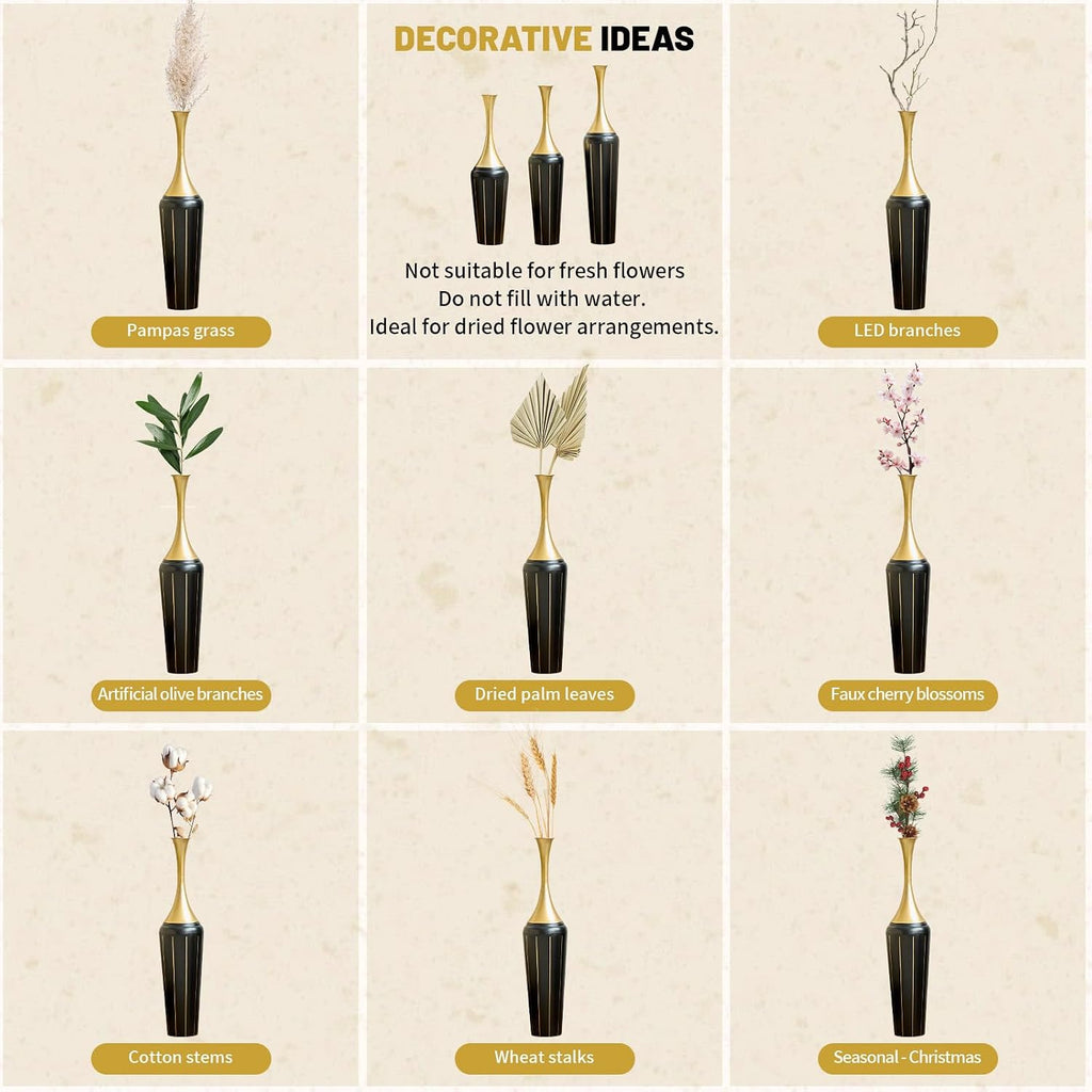 Set of 3 Modern Black and Gold Floor Vases, Handcrafted Tall Metal Decorative Vases, Luxury Floor Vases for Entryway, Living Room, Glam Home Decor, Dried Flowers & Pampas Grass