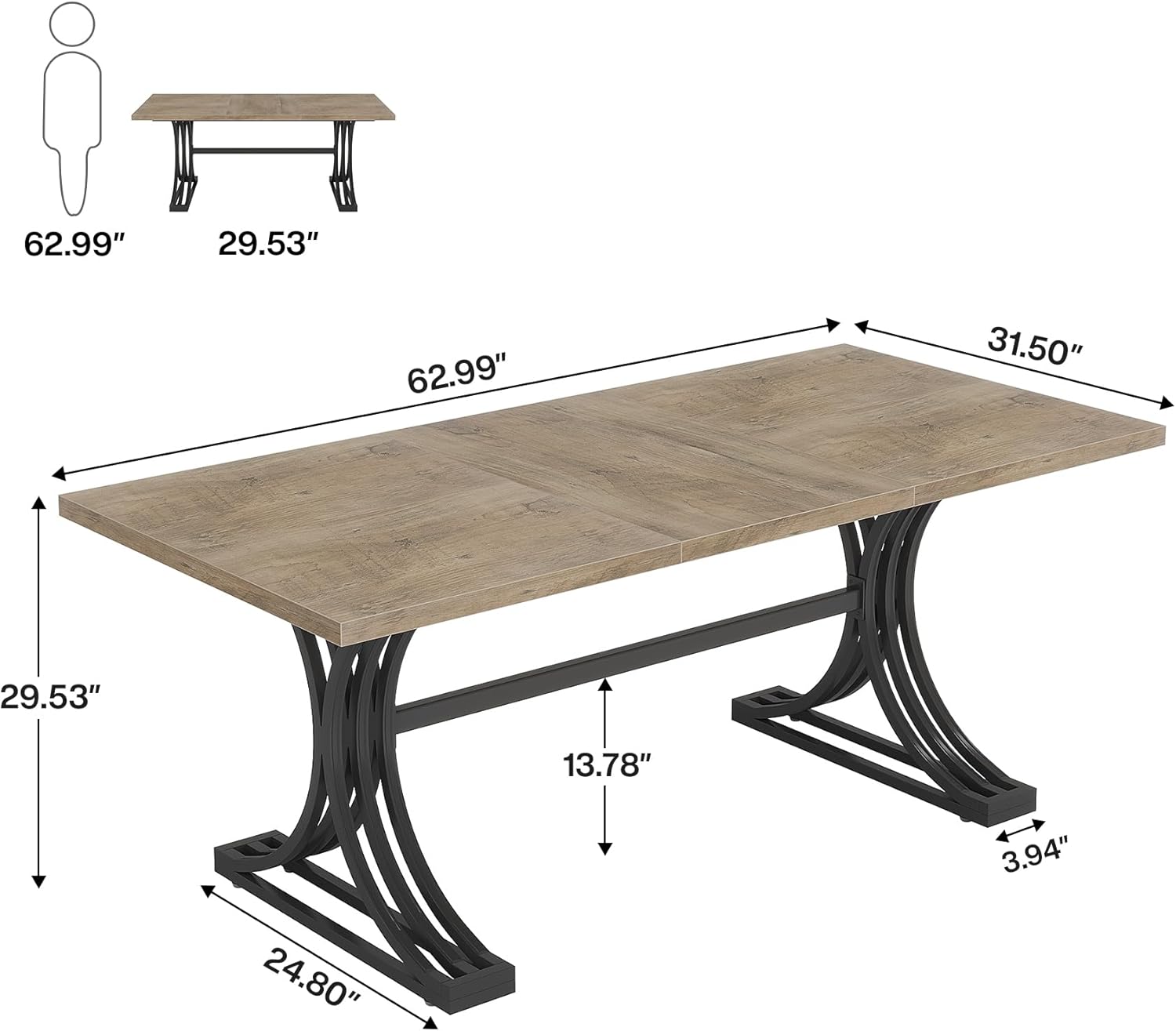 Tribesigns 63-Inch Rectangular Dining Table for 4 to 6, Modern Kitchen Tables with Stylish Metal Trestle Legs, Large Dinner Table for Dining Room, Only Table (Grey+Black)