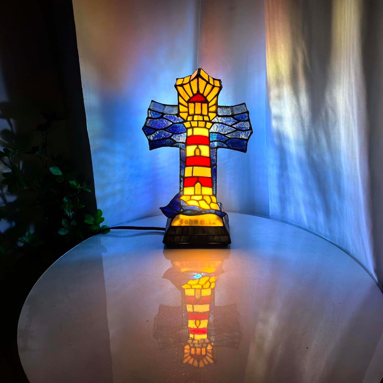 Bieye L12020 Christian Cross Tiffany Style Stained Glass Table Lamp for Home Décor (Lighthouse)