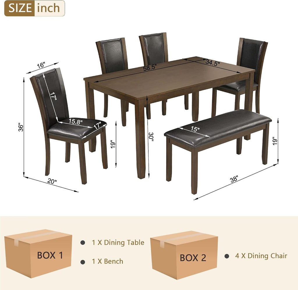 LUMISOL Farmhouse Dining Table Set for 6, Solid Wood Kitchen Table Set with 4 Upholstered Chairs and Bench for Kitchen, Dining Room, Dark Walnut
