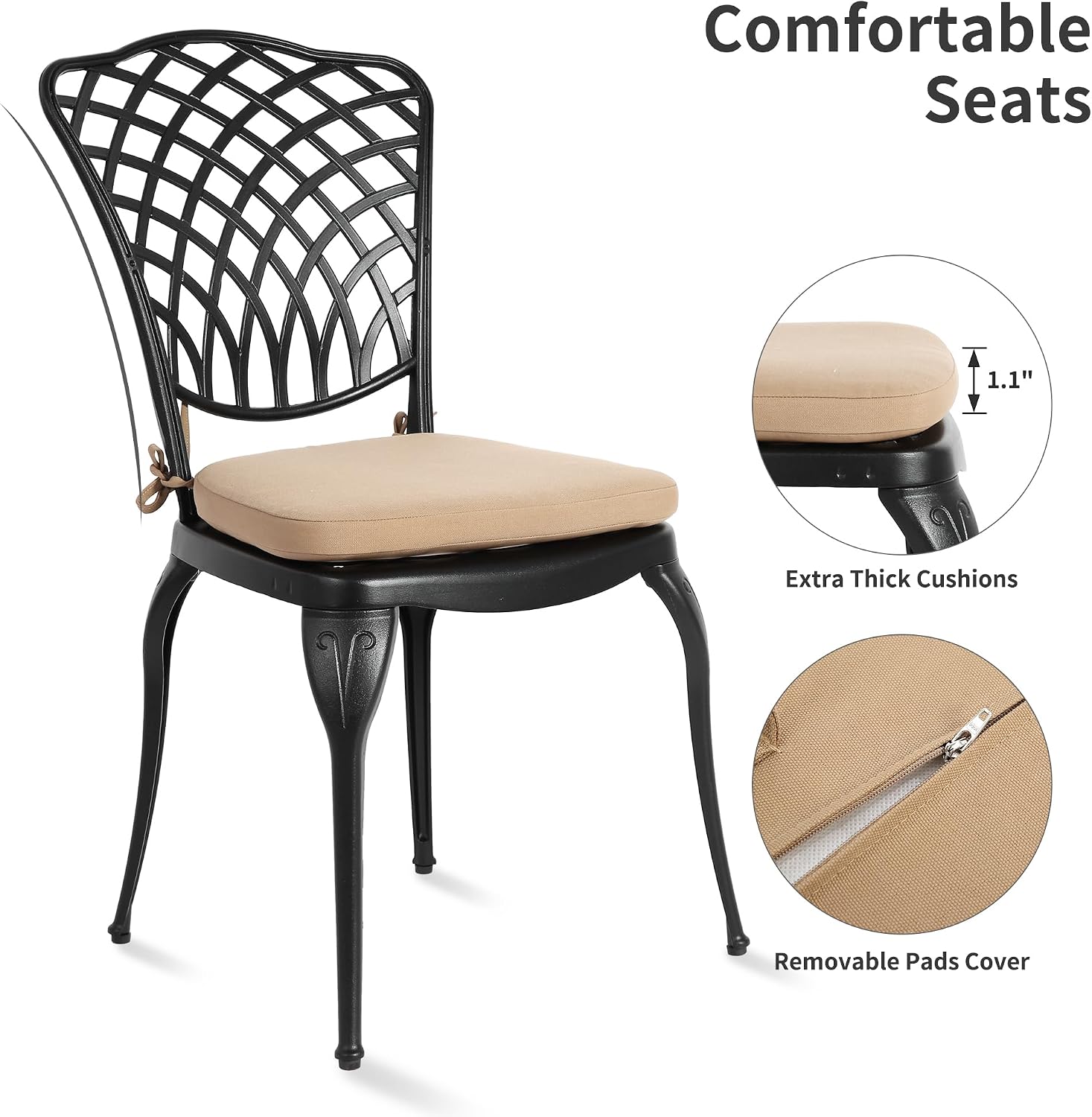HOMEFUN Thickened Heavy-Duty Cast Aluminum Bistro Set of 2 Outdoor 3 Piece Patio Set with Padded Cushion, Ultra Sturdy Rustproof All-Weather for Garden Balcony, Black