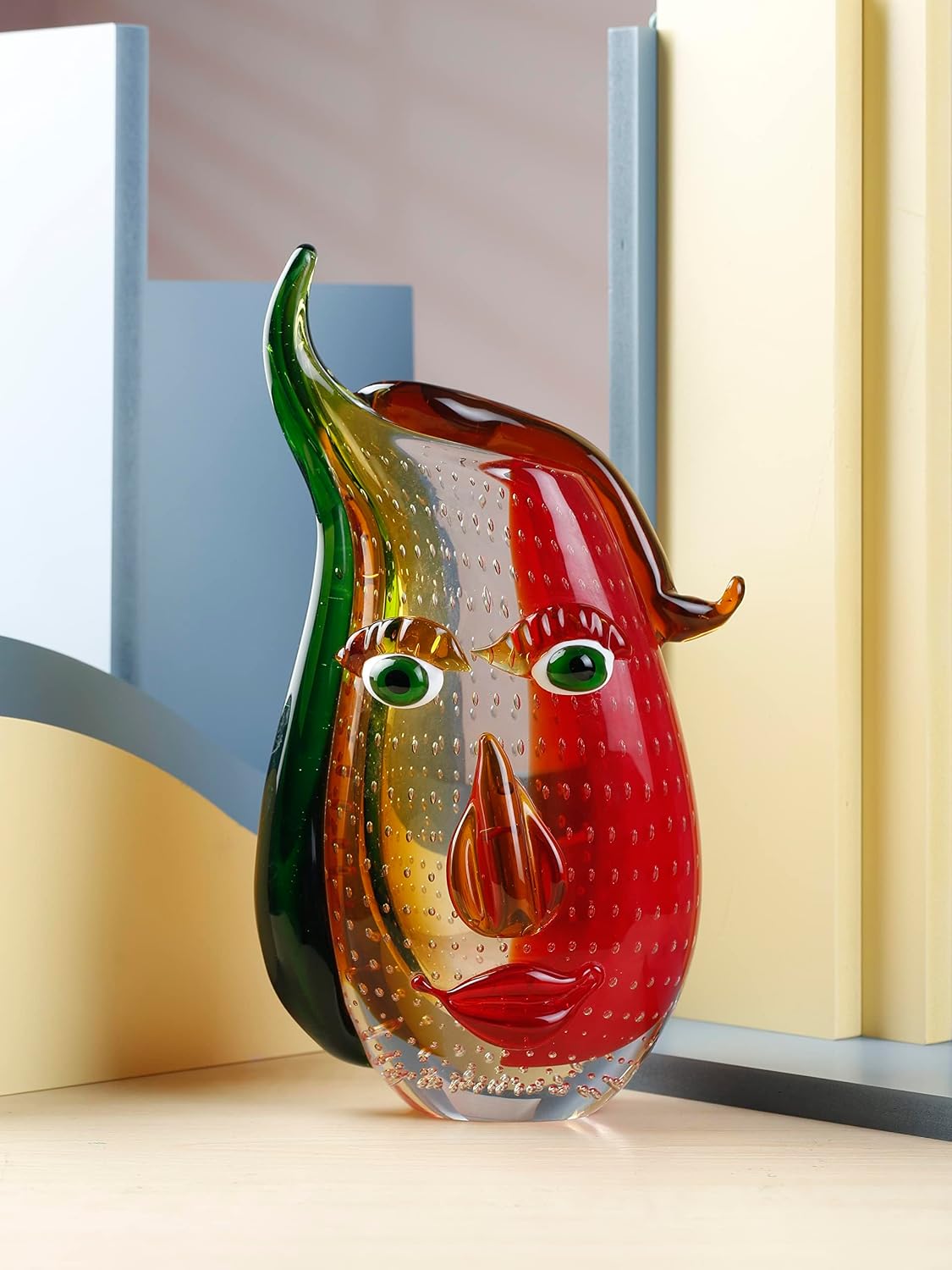 Yao Yuan Murano-Style Art Glass Vase with a Face - 12.6' Tall Mouth-Blown Artistic Sculpture with Vibrant Colors & Accents - Rich Colored Home Décor