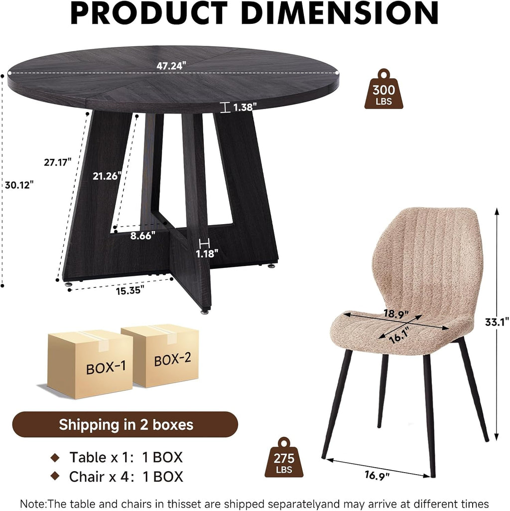 Round Dining Table Set for 4 with Chairs Kitchen Table and Chairs Set Dining Room Tables Mid-Century Modern Chair with Metal Legs for Apartment Living Room(Dark Gray Table With 4 Brown Chairs)