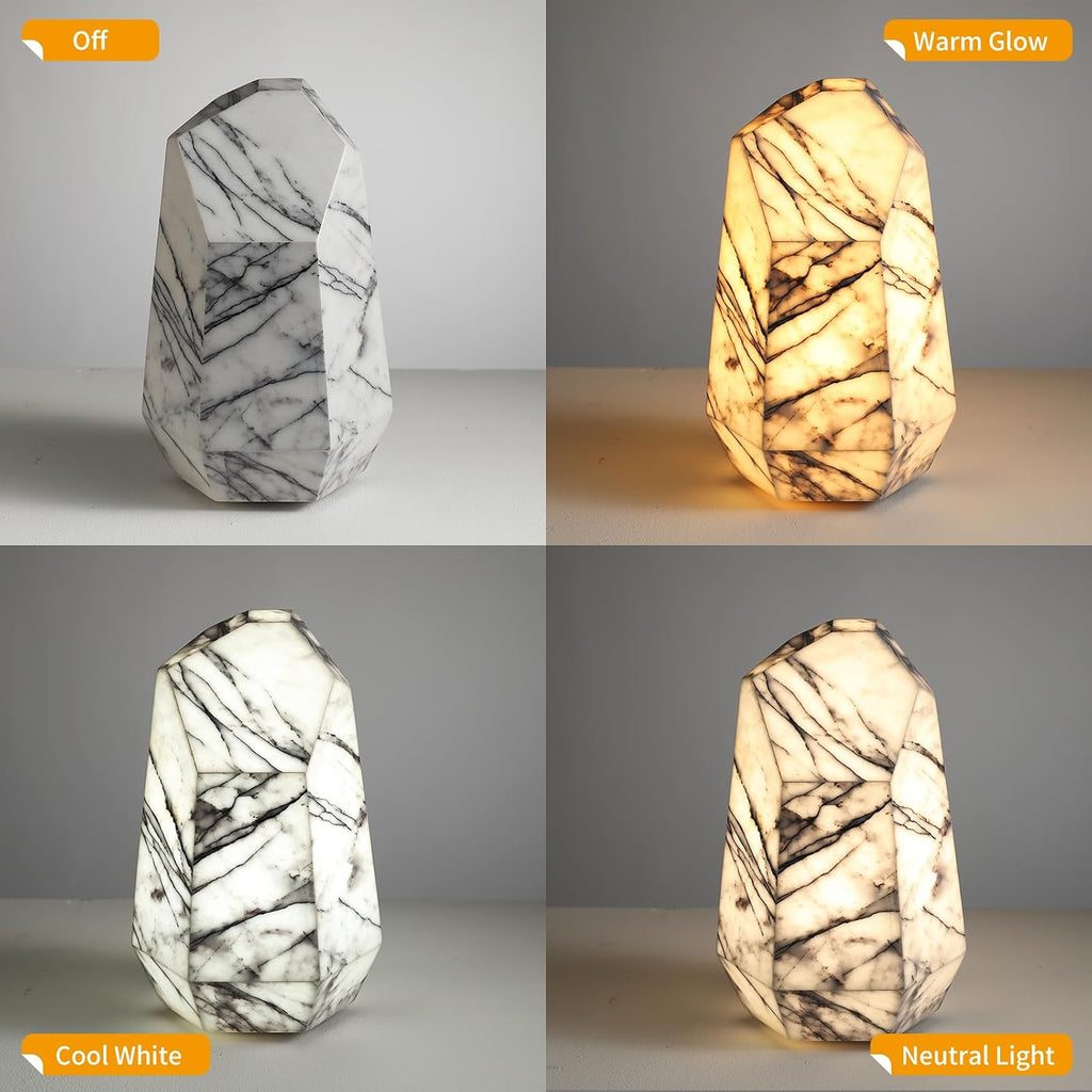 Handcrafted Real Marble Table Lamp, Stone Lamp with Tri-Color Dimmable LED, Bedside Lamp, Small Table Lamp for Home Decor, Accent Table Lamp for Bedroom Living Room, Multifacet