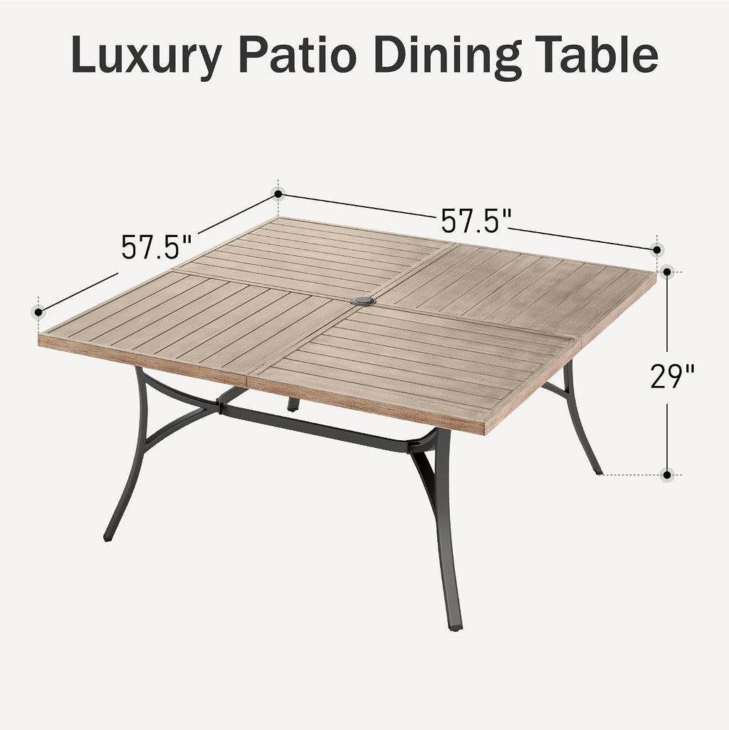 PHI VILLA 57.5' Outdoor Patio Table for 8 Person, Large Square Metal Steel Dining Table with Umbrella Hole, Weather-Resistant Wood-Like Table for Deck Backyards Porch, Brown