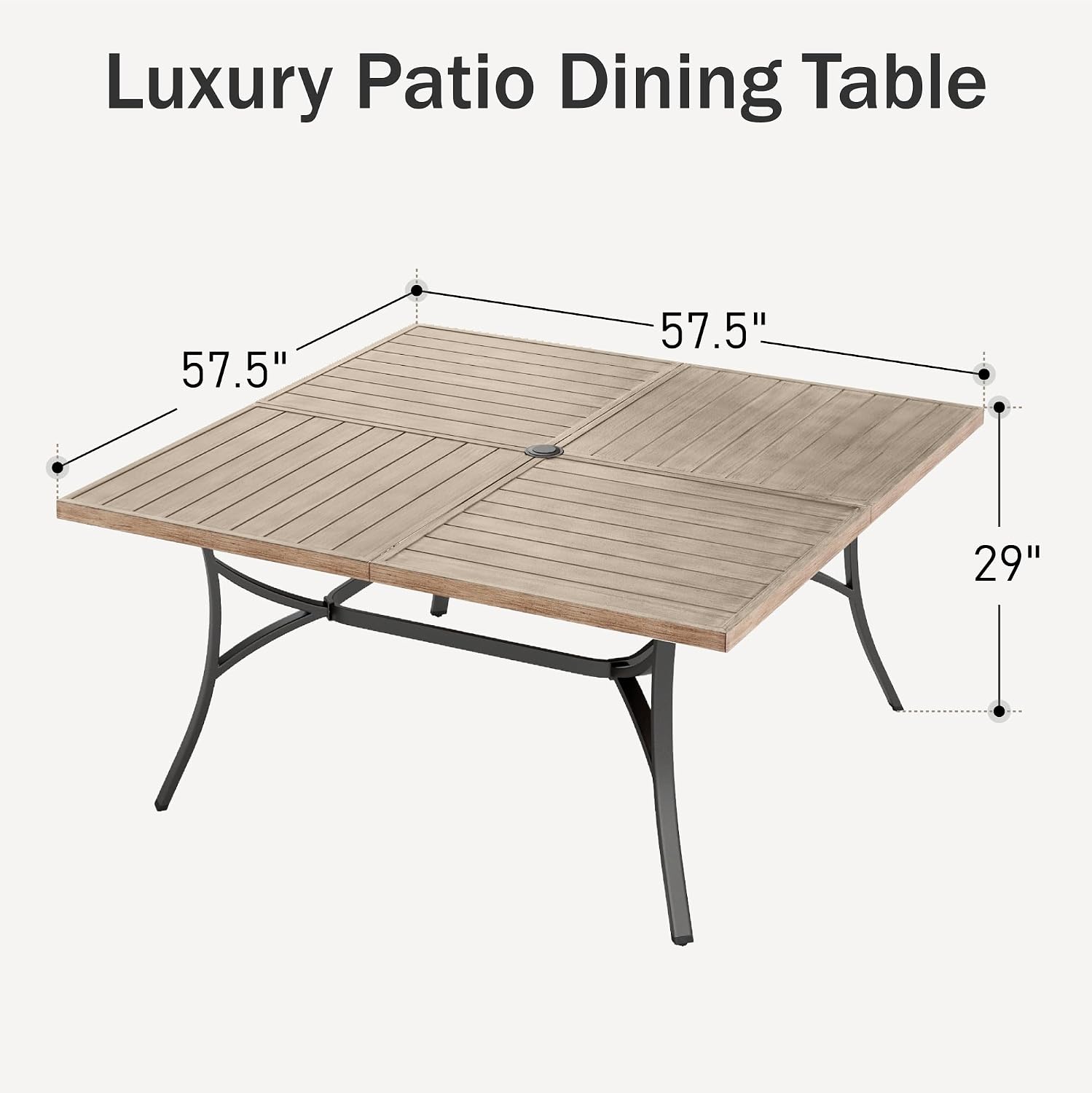 PHI VILLA 57.5' Outdoor Patio Table for 8 Person, Large Square Metal Steel Dining Table with Umbrella Hole, Weather-Resistant Wood-Like Table for Deck Backyards Porch, Brown