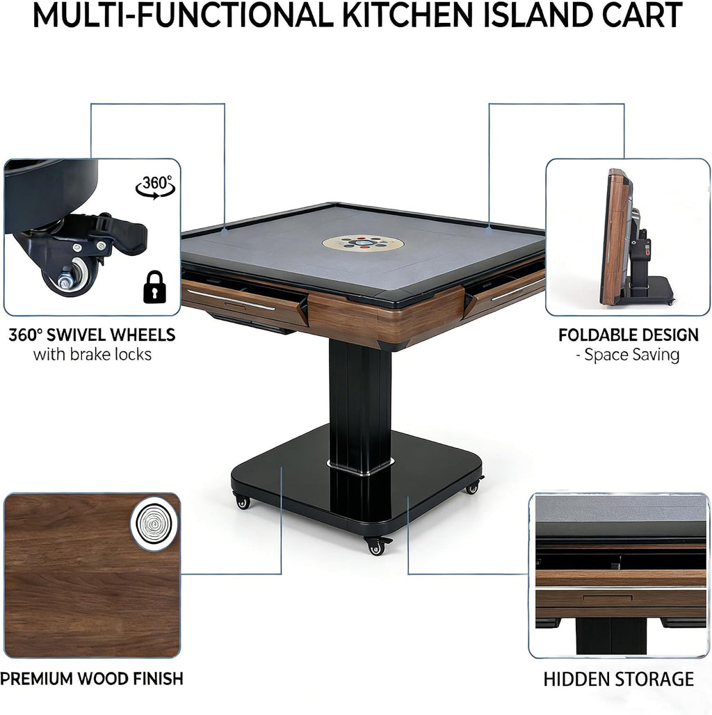 Foldable Ultra-Thin Automatic Mahjong Table with Wheels, Mahjong Table Set with American Chinese & Filipino Style 42mm Numbered Tiles (with Hard Table Cover)