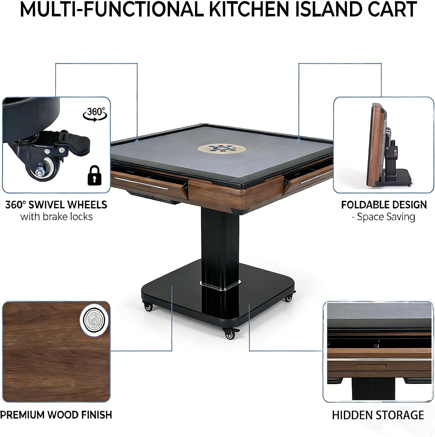 Foldable Ultra-Thin Automatic Mahjong Table with Wheels, Mahjong Table Set with American Chinese & Filipino Style 42mm Numbered Tiles (with Hard Table Cover)